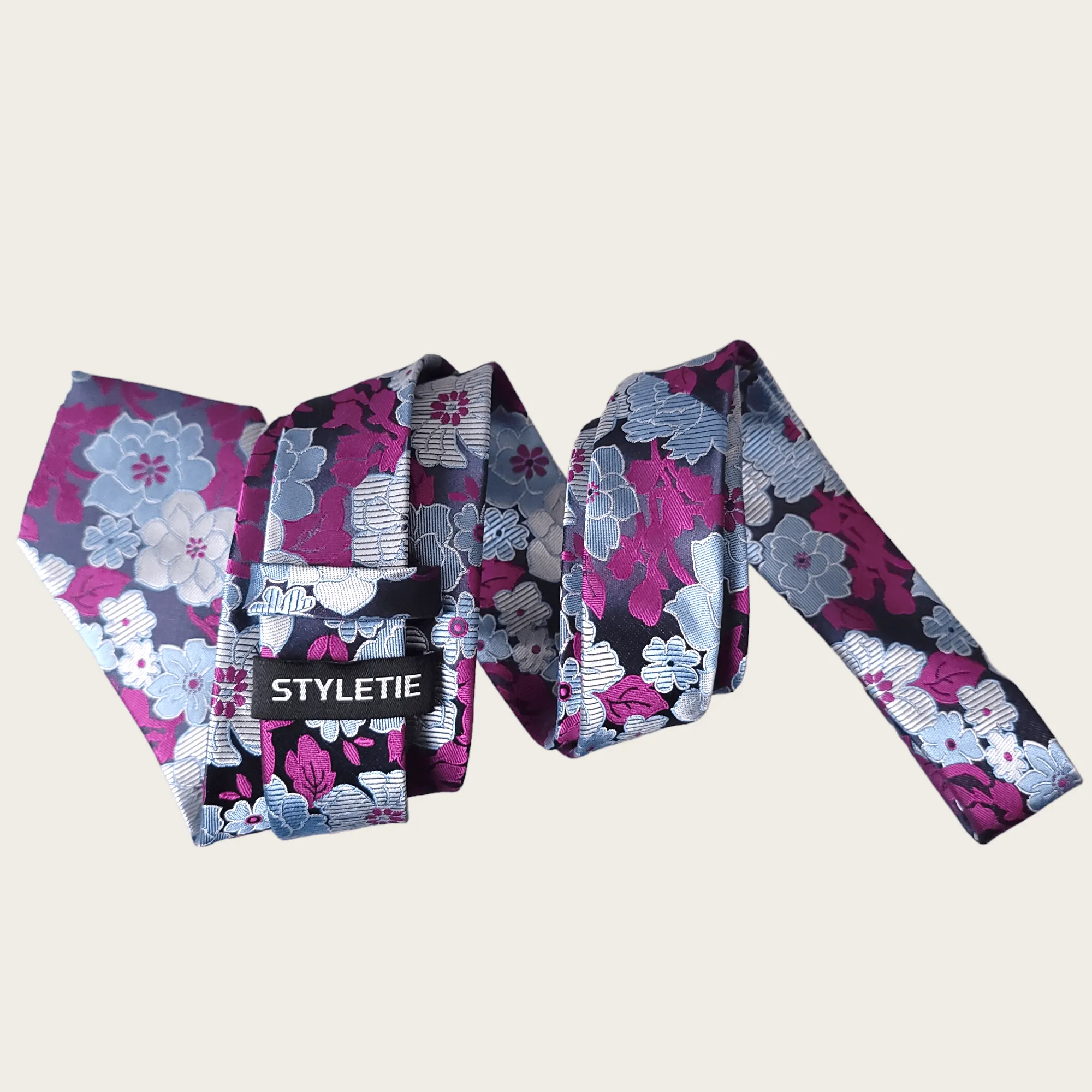Purple Gray Floral Silk Tie Pocket Square Set