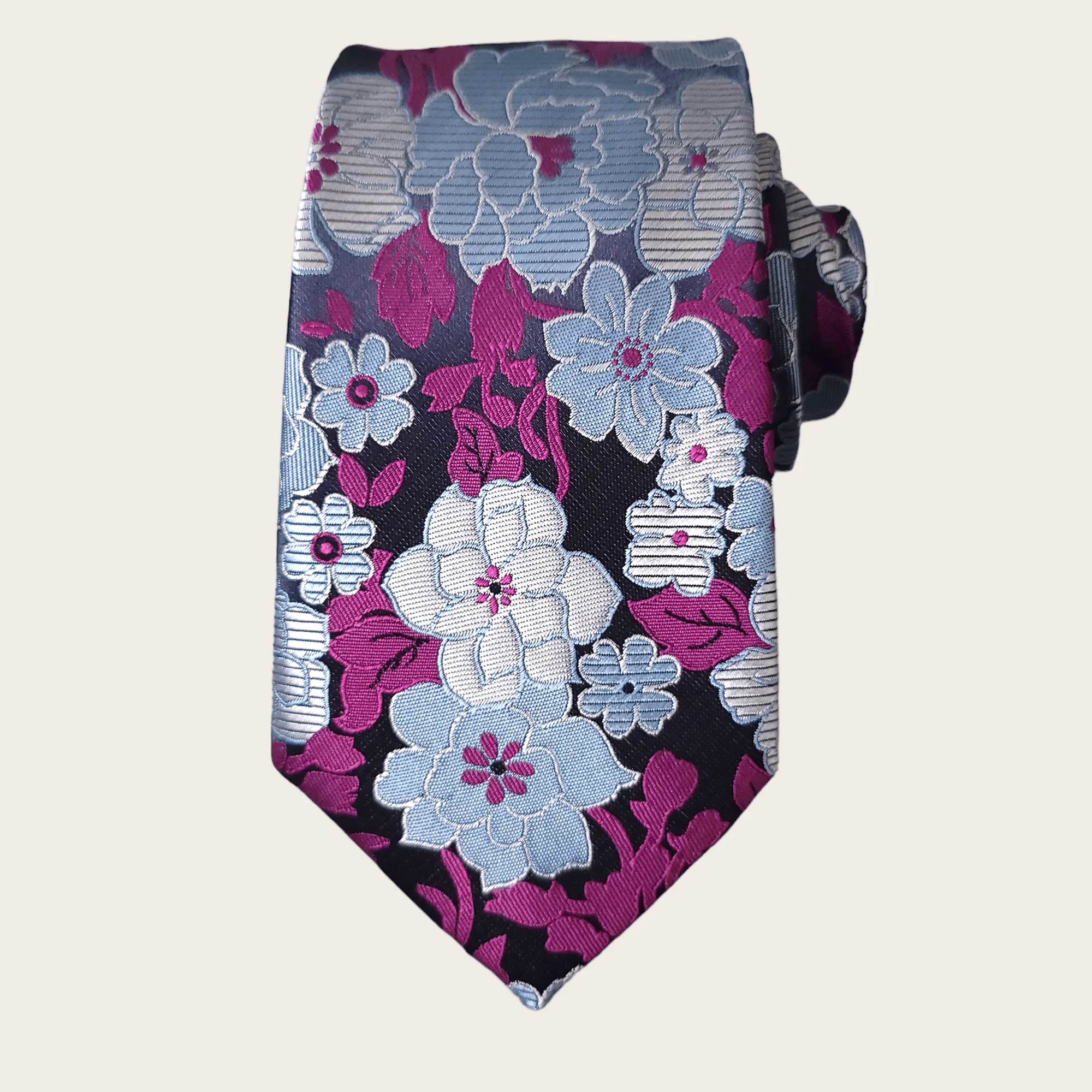 Purple Gray Floral Silk Tie Pocket Square Set