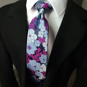 Purple Gray Floral Silk Tie Pocket Square Set