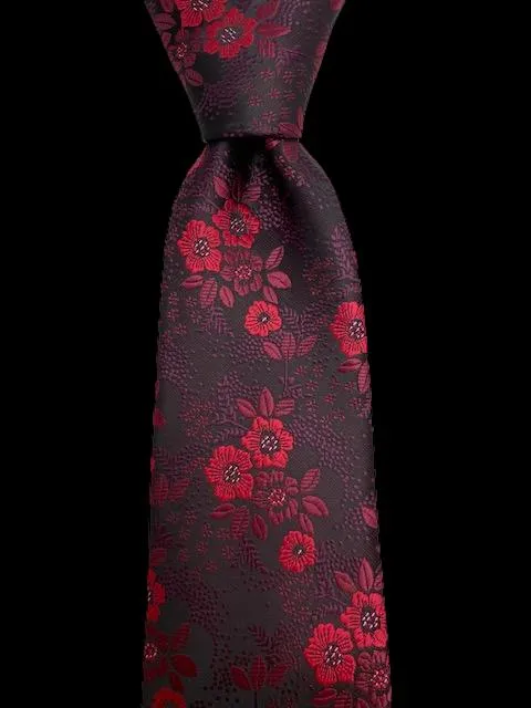Raspberry Red Floral on Burgundy Black Background Silk Necktie