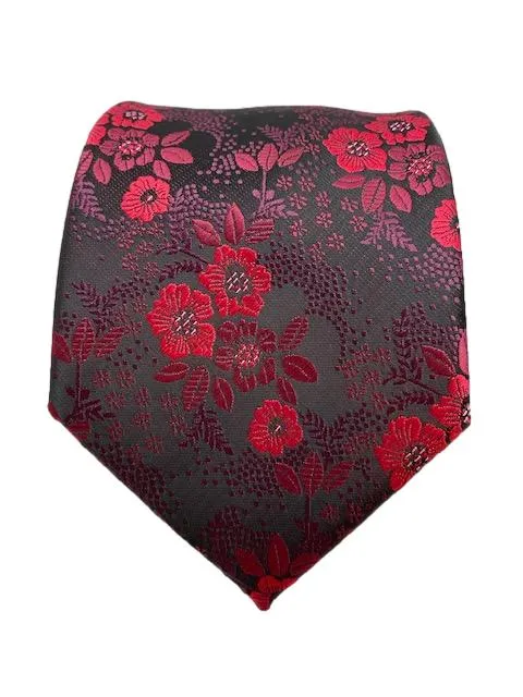 Raspberry Red Floral on Burgundy Black Background Silk Necktie