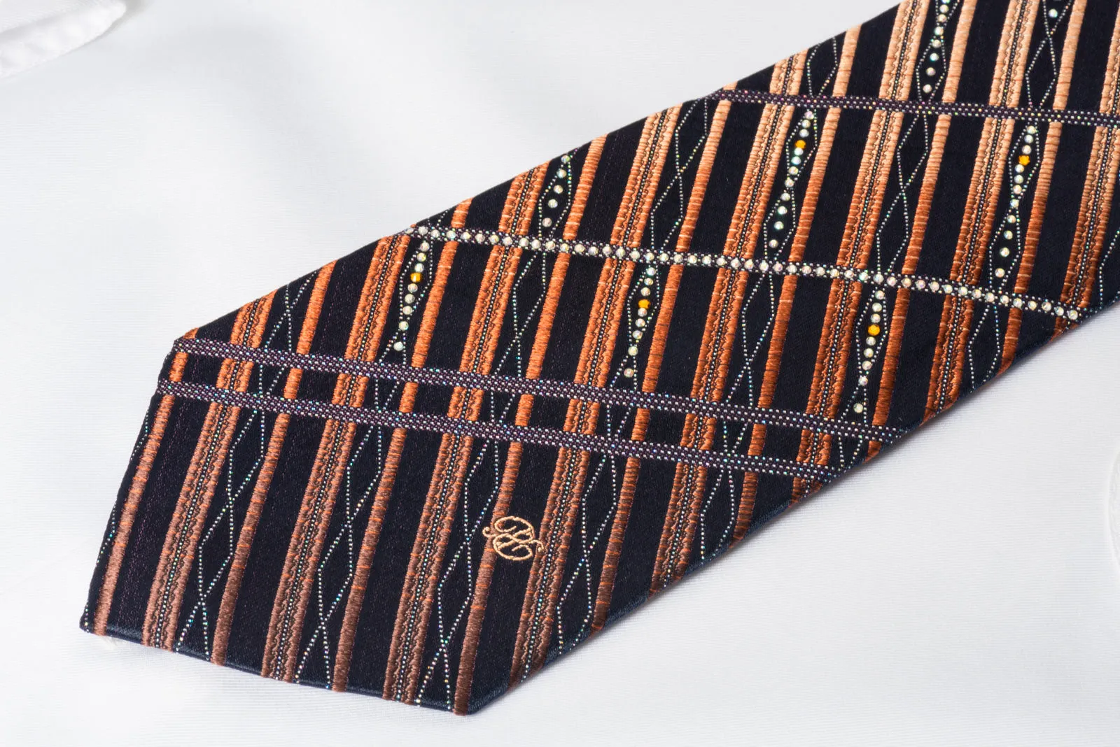 Renoma Men's Rhineston Silk Necktie Orange Black Striped With Silver Sparkles