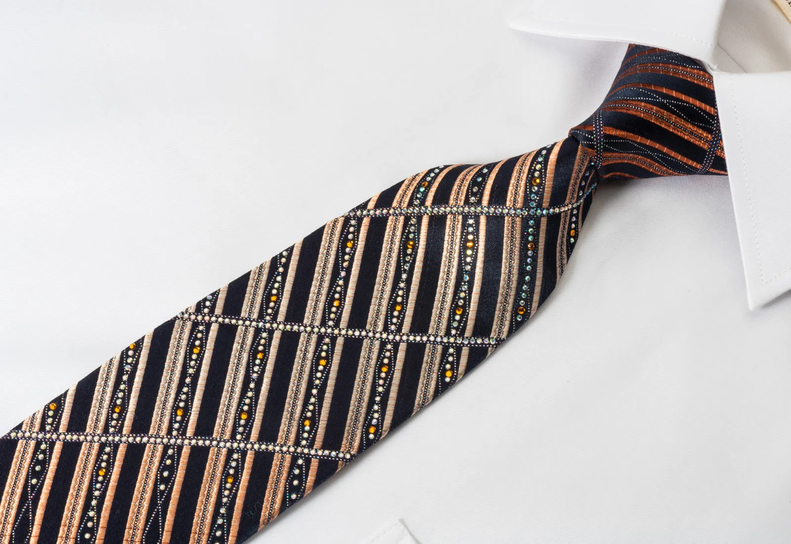 Renoma Men's Rhineston Silk Necktie Orange Black Striped With Silver Sparkles