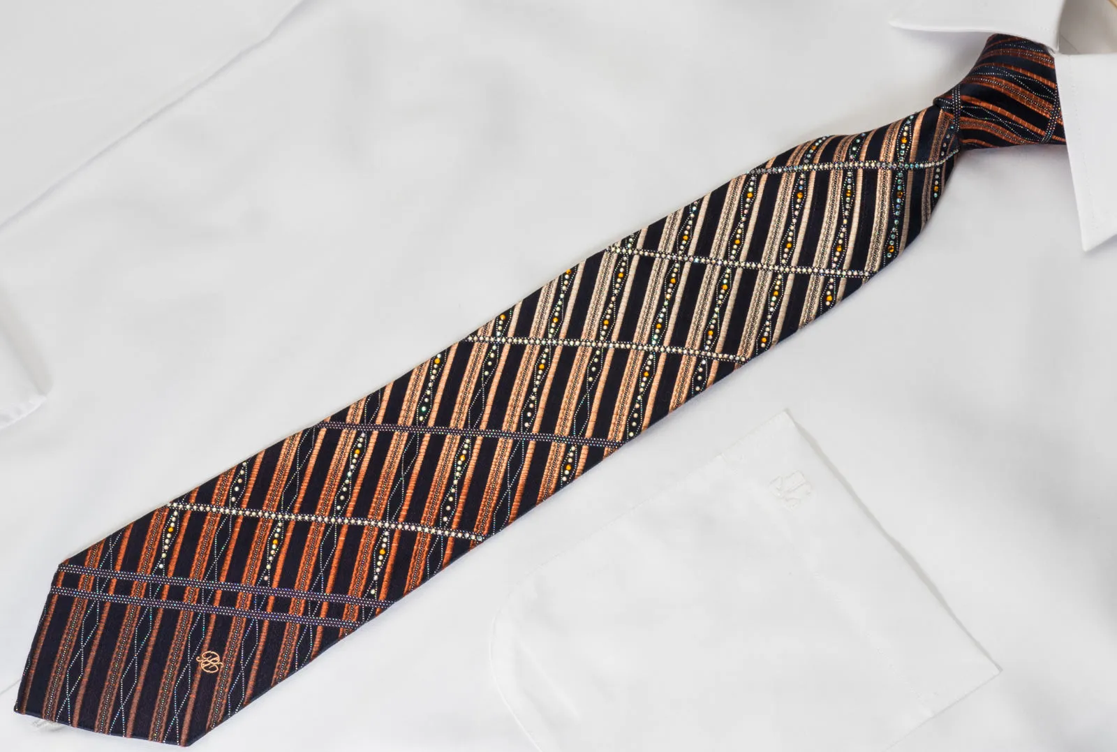 Renoma Men's Rhineston Silk Necktie Orange Black Striped With Silver Sparkles
