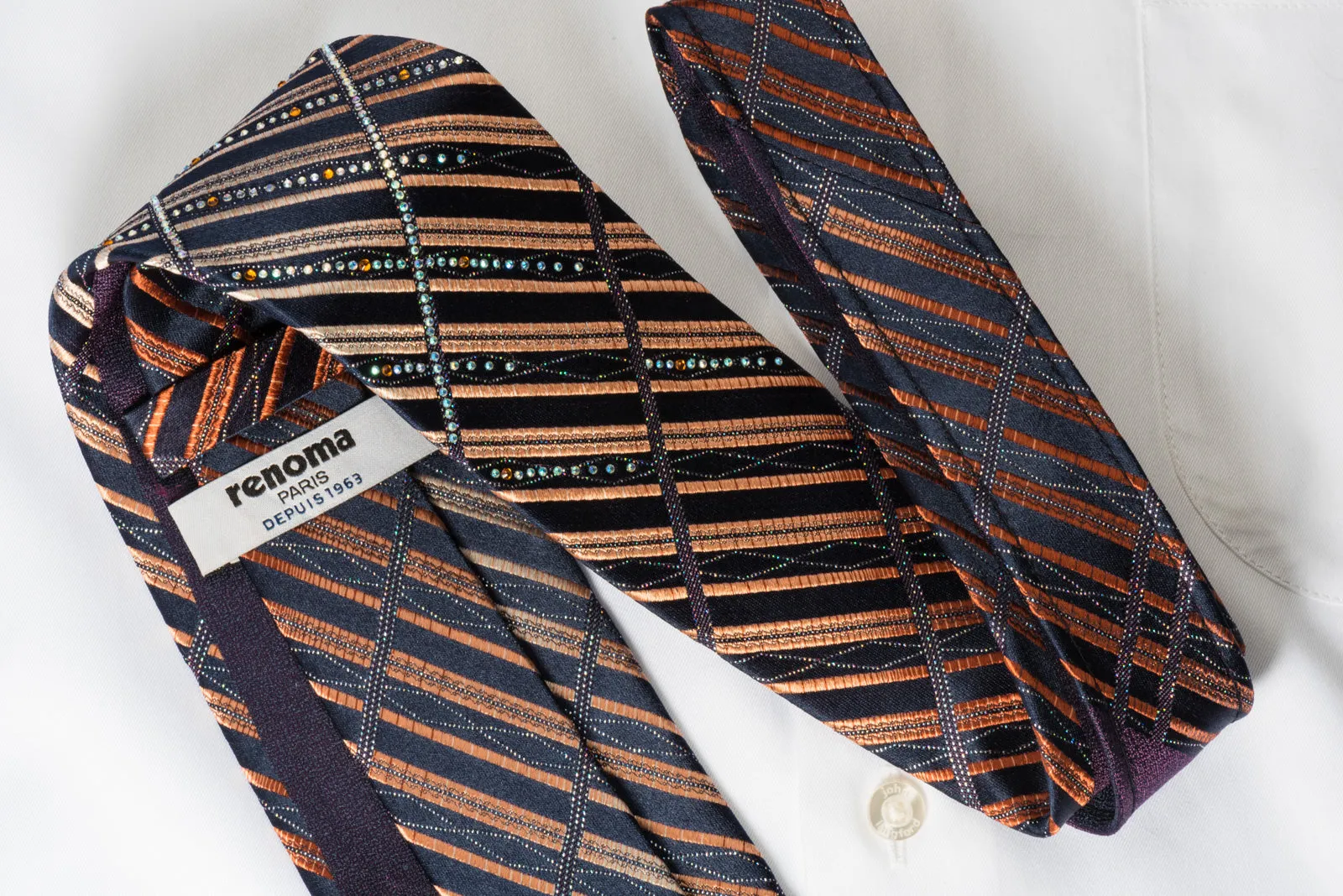 Renoma Men's Rhineston Silk Necktie Orange Black Striped With Silver Sparkles