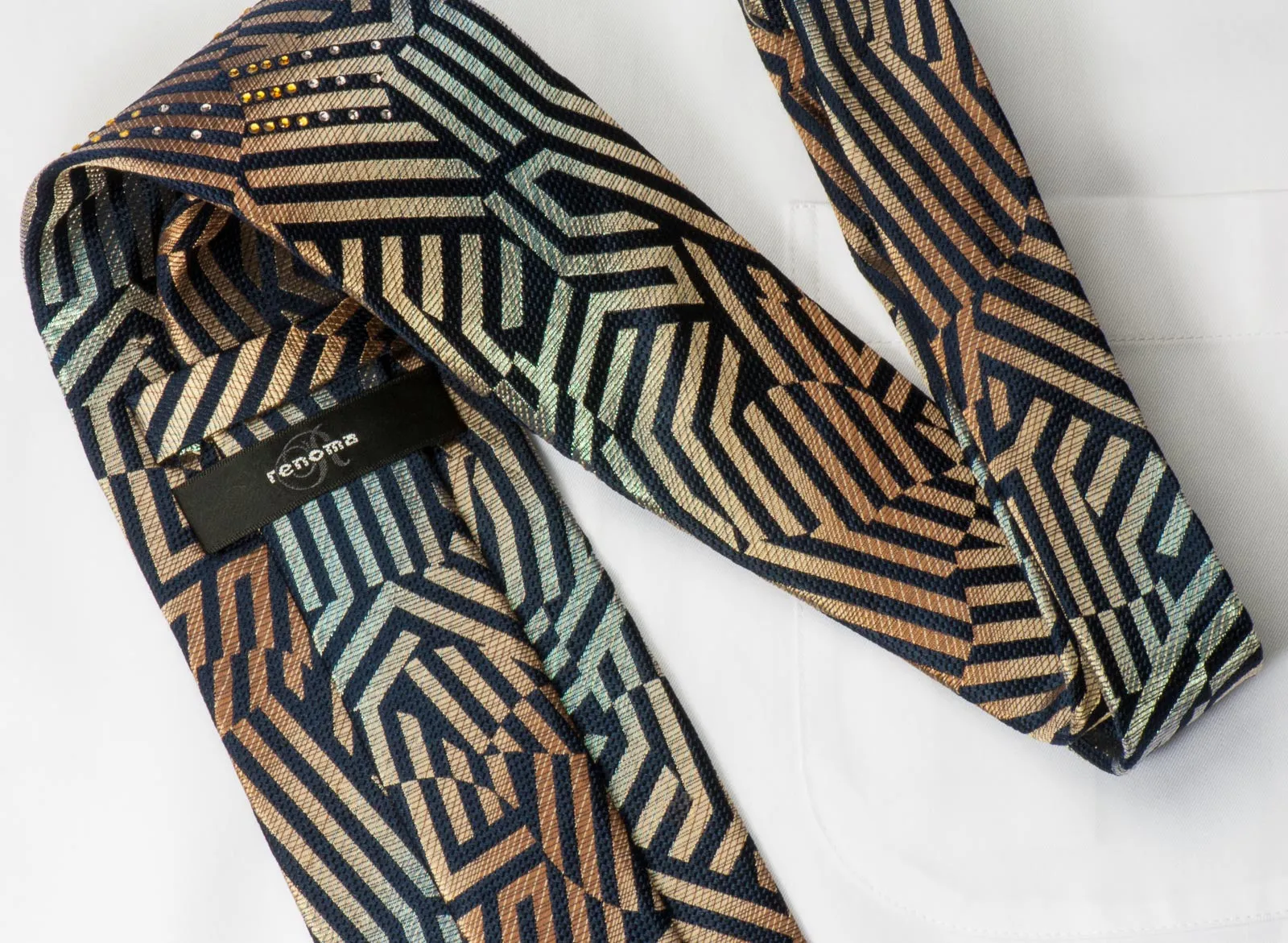 Renoma Men's Rhinestone Necktie Orange Geometric On Black With Silver Sparkles
