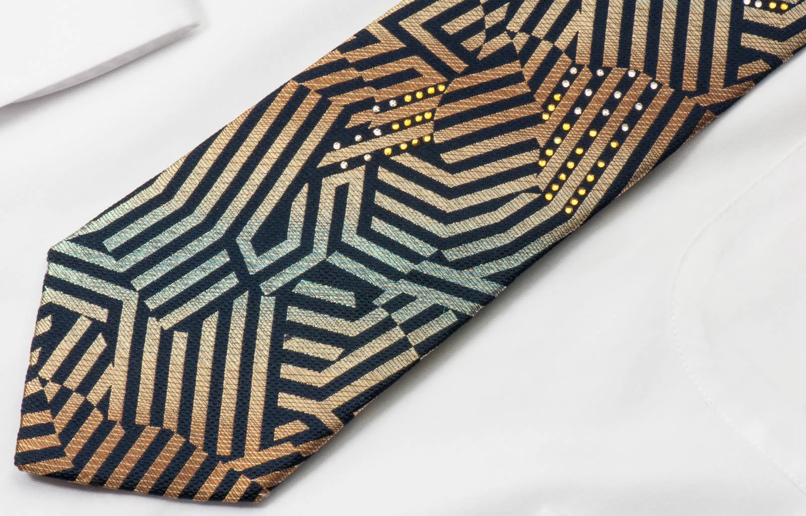 Renoma Men's Rhinestone Necktie Orange Geometric On Black With Silver Sparkles