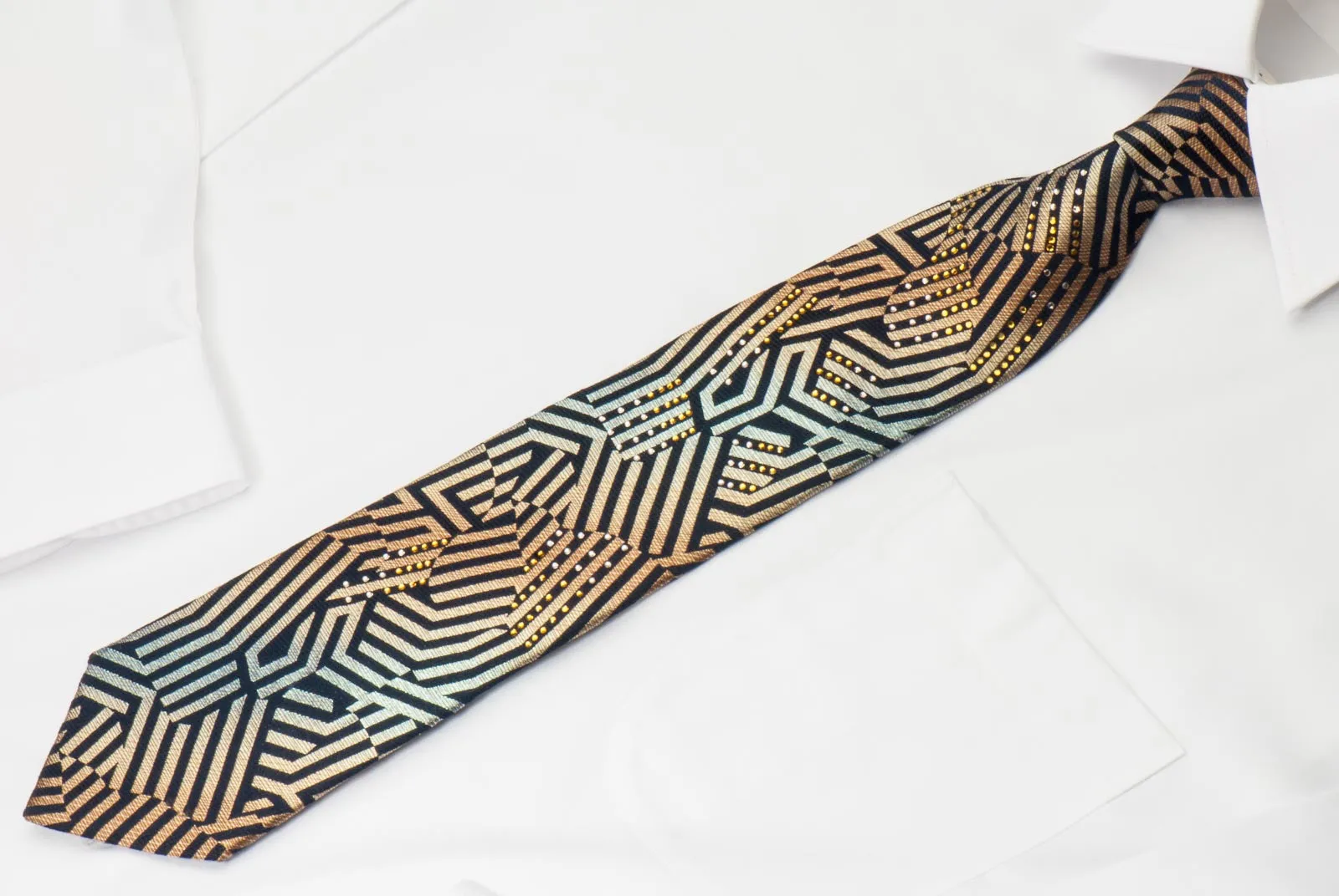 Renoma Men's Rhinestone Necktie Orange Geometric On Black With Silver Sparkles
