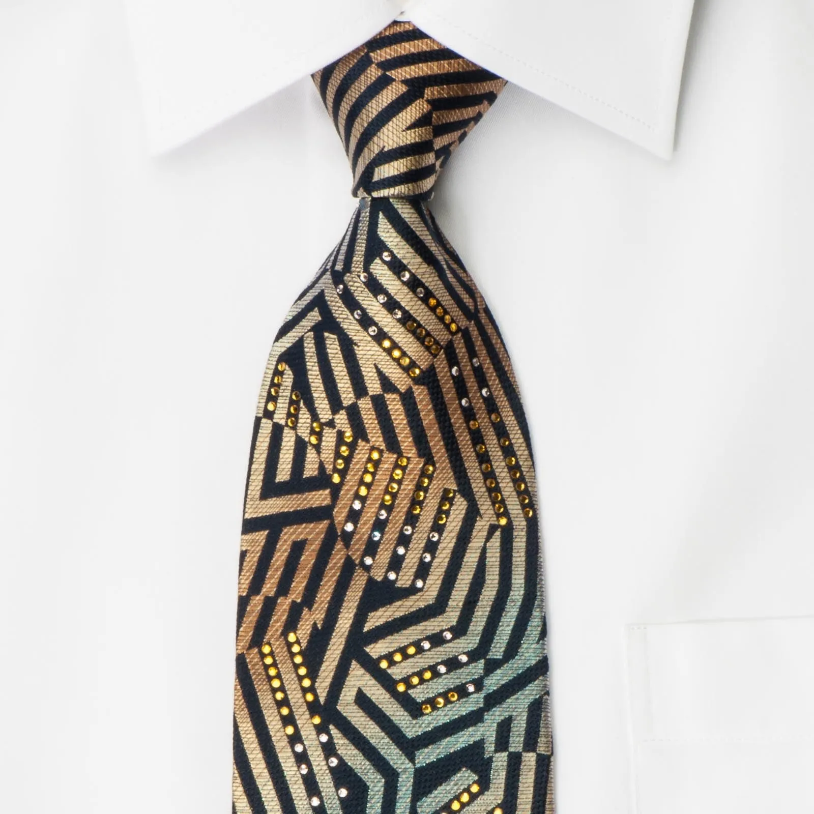Renoma Men's Rhinestone Necktie Orange Geometric On Black With Silver Sparkles