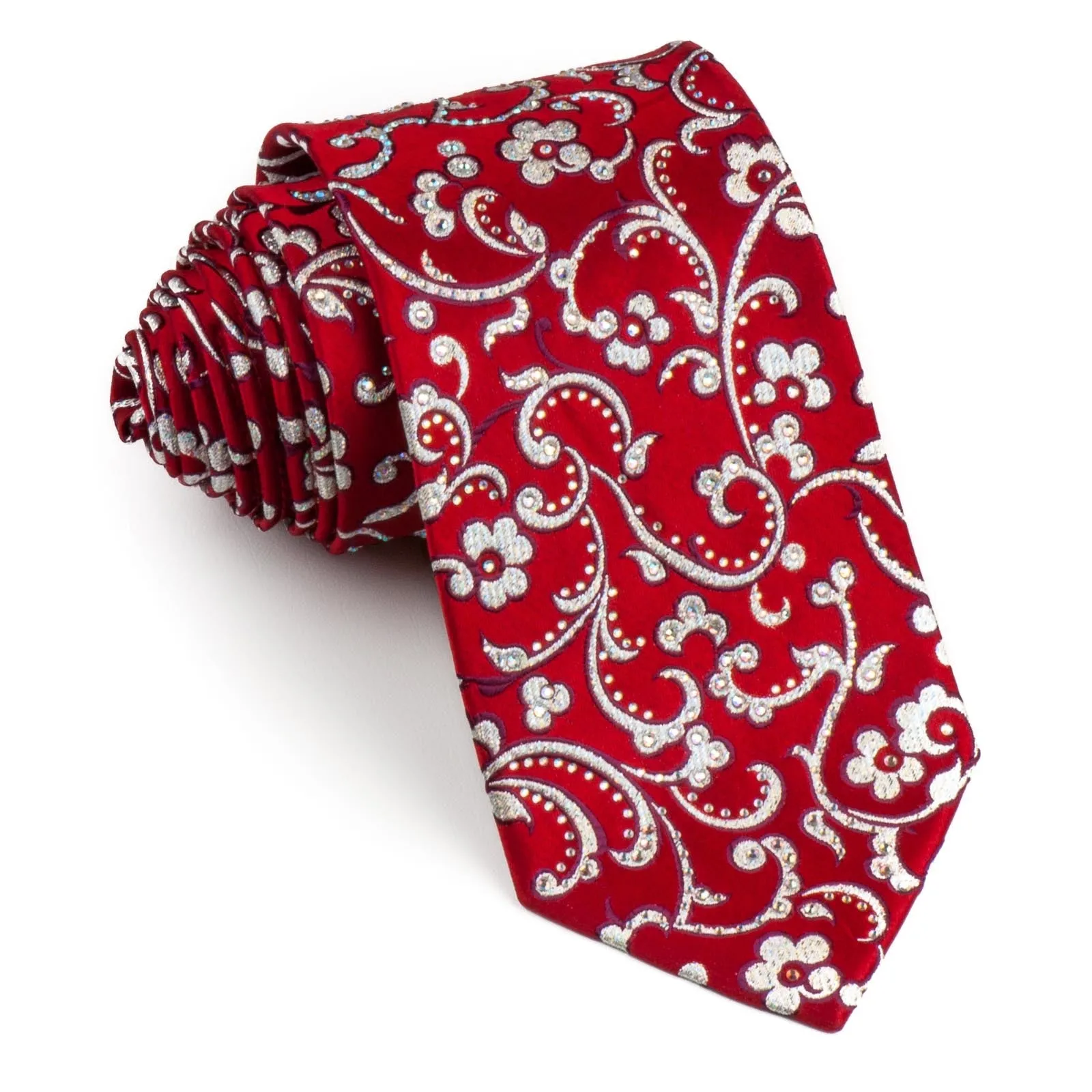 Renoma Neck Tie Silver Floral On Red Silk With Rhinestones 3 1/4 Inch