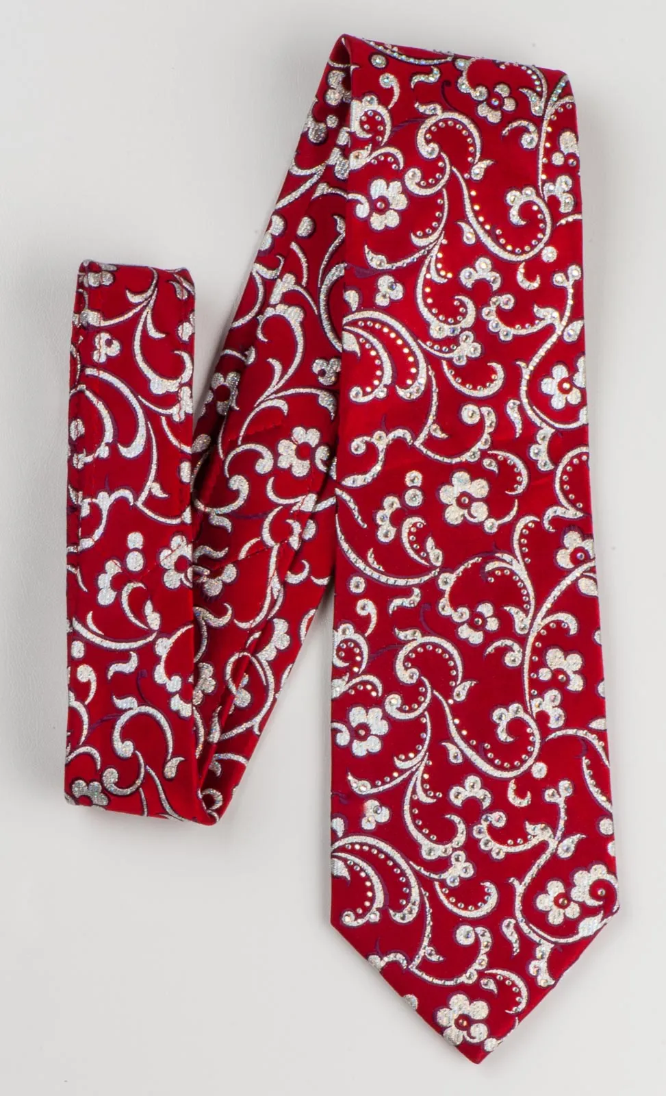 Renoma Neck Tie Silver Floral On Red Silk With Rhinestones 3 1/4 Inch