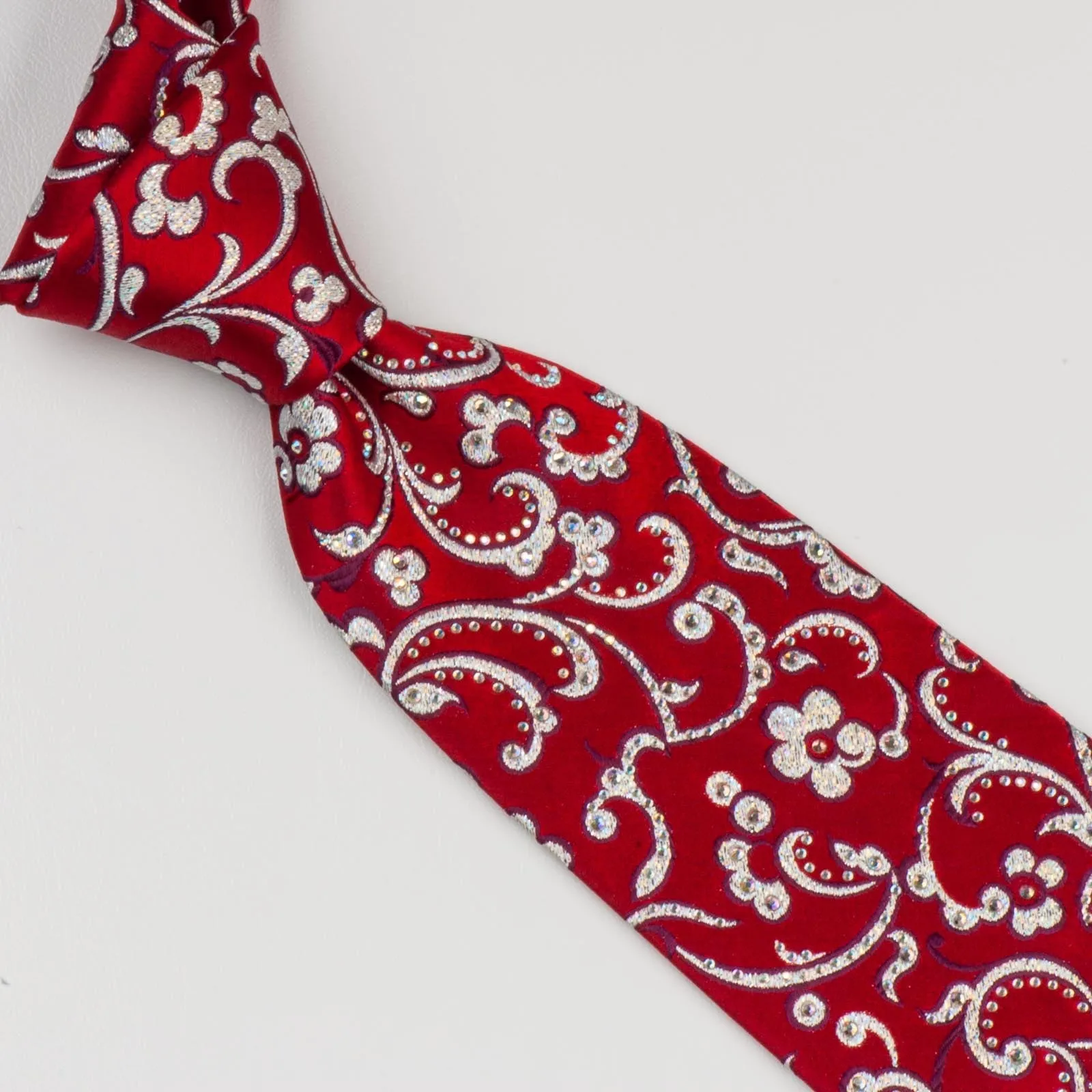 Renoma Neck Tie Silver Floral On Red Silk With Rhinestones 3 1/4 Inch
