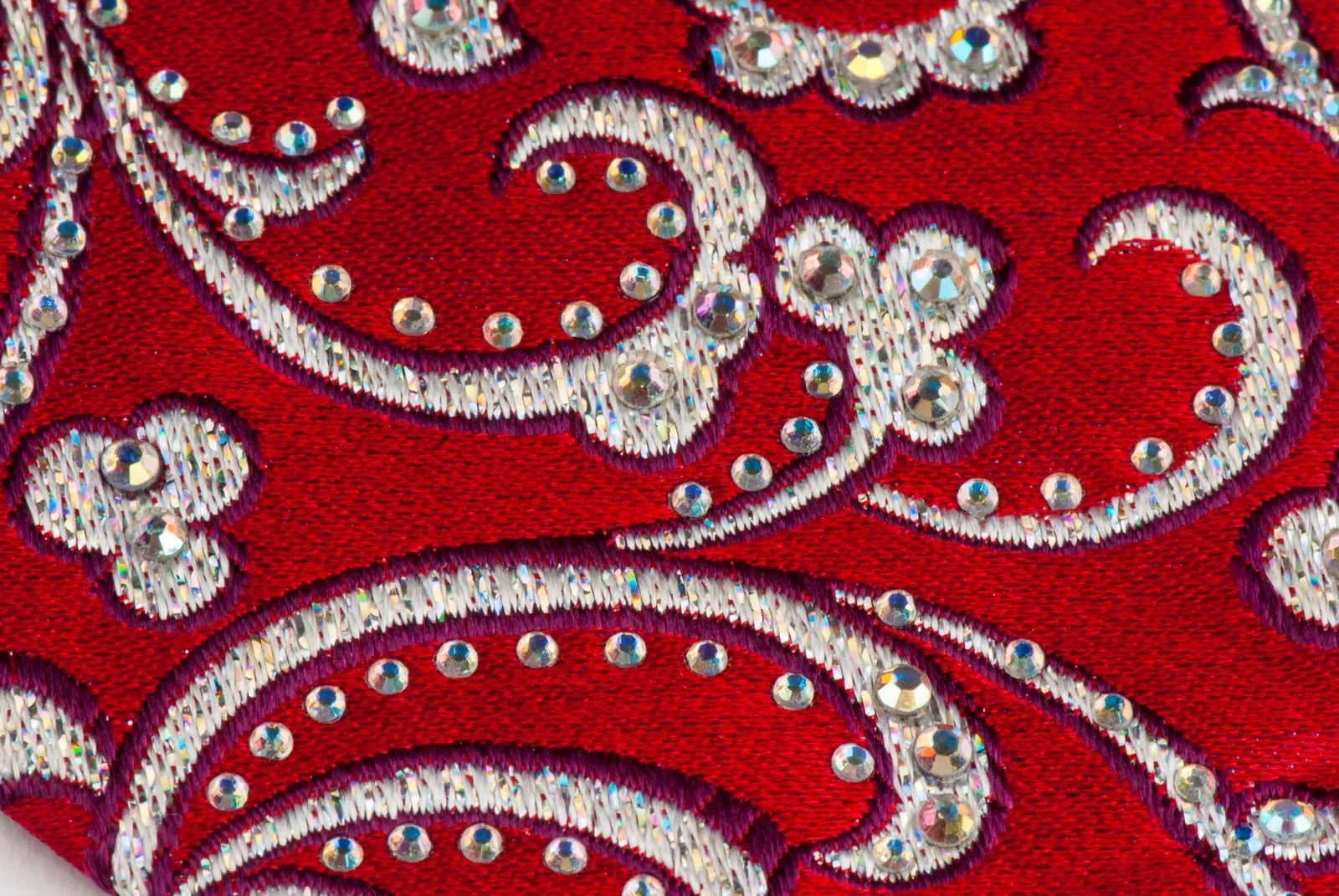 Renoma Neck Tie Silver Floral On Red Silk With Rhinestones 3 1/4 Inch
