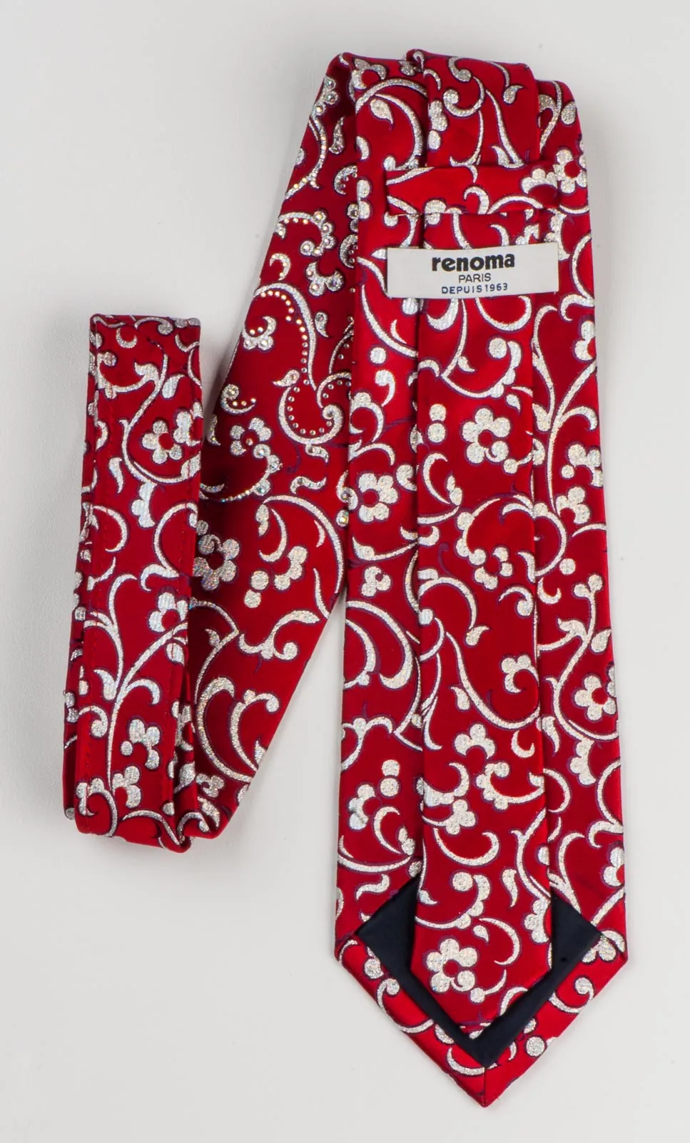 Renoma Neck Tie Silver Floral On Red Silk With Rhinestones 3 1/4 Inch