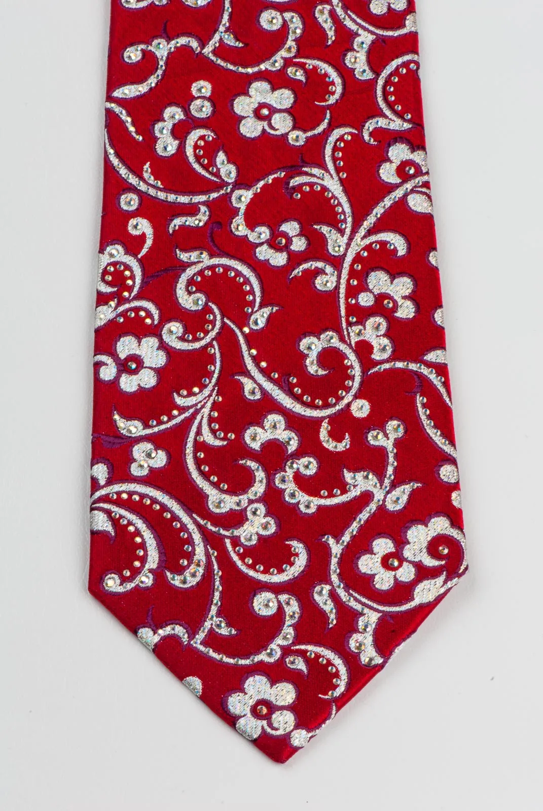 Renoma Neck Tie Silver Floral On Red Silk With Rhinestones 3 1/4 Inch