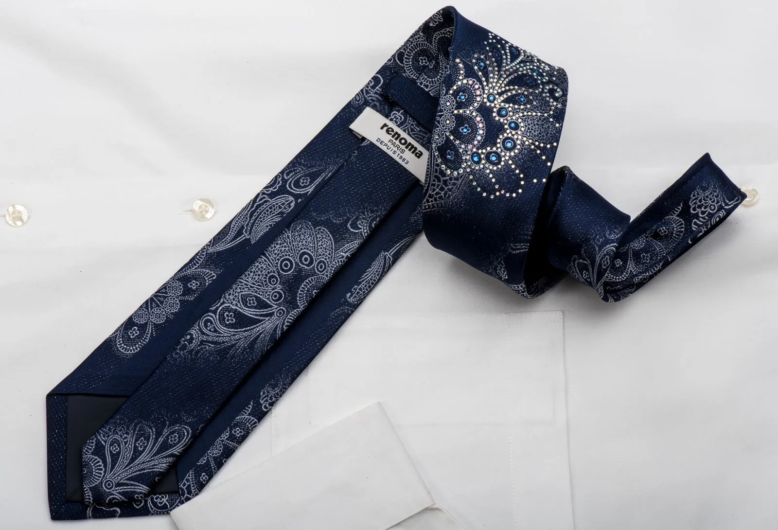 Renoma Rhinestone Silk Necktie Silver Anthemion On Blue With Sparkles