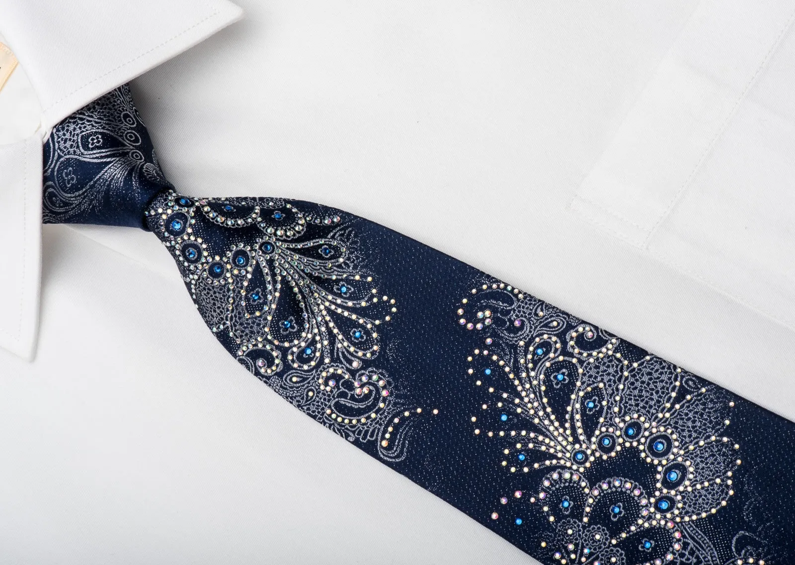 Renoma Rhinestone Silk Necktie Silver Anthemion On Blue With Sparkles
