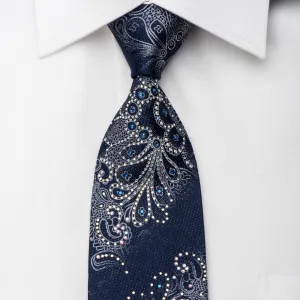 Renoma Rhinestone Silk Necktie Silver Anthemion On Blue With Sparkles