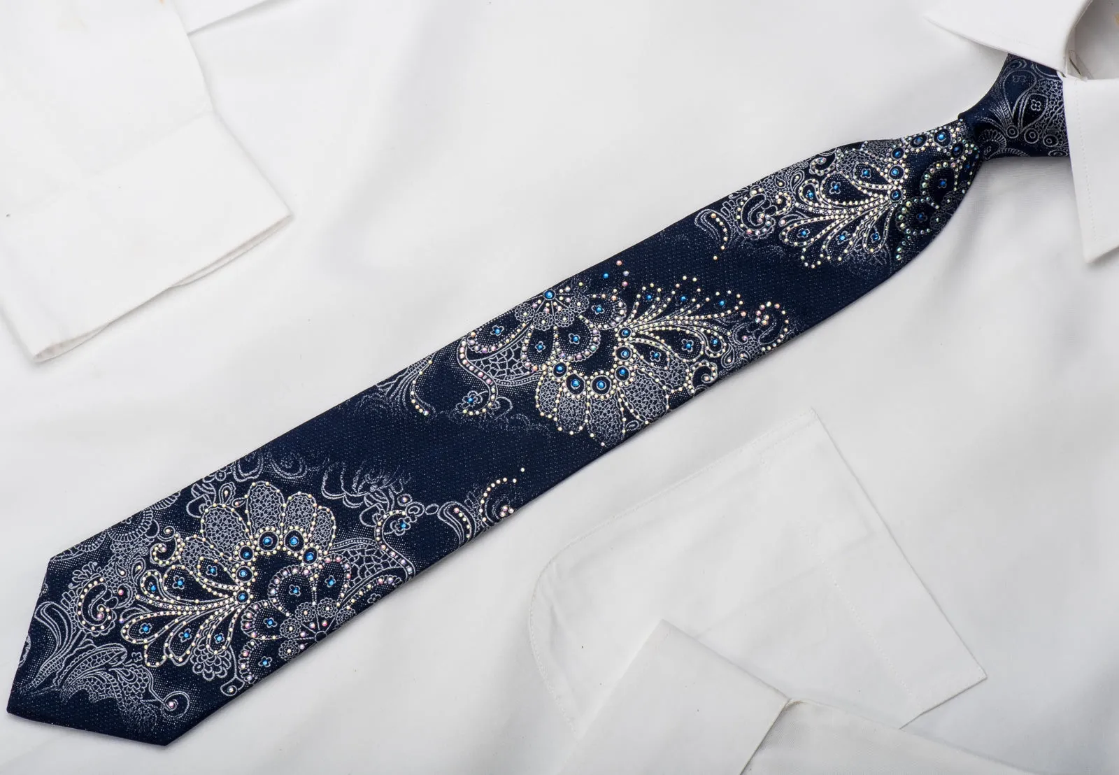 Renoma Rhinestone Silk Necktie Silver Anthemion On Blue With Sparkles