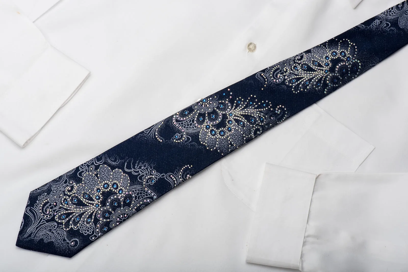 Renoma Rhinestone Silk Necktie Silver Anthemion On Blue With Sparkles