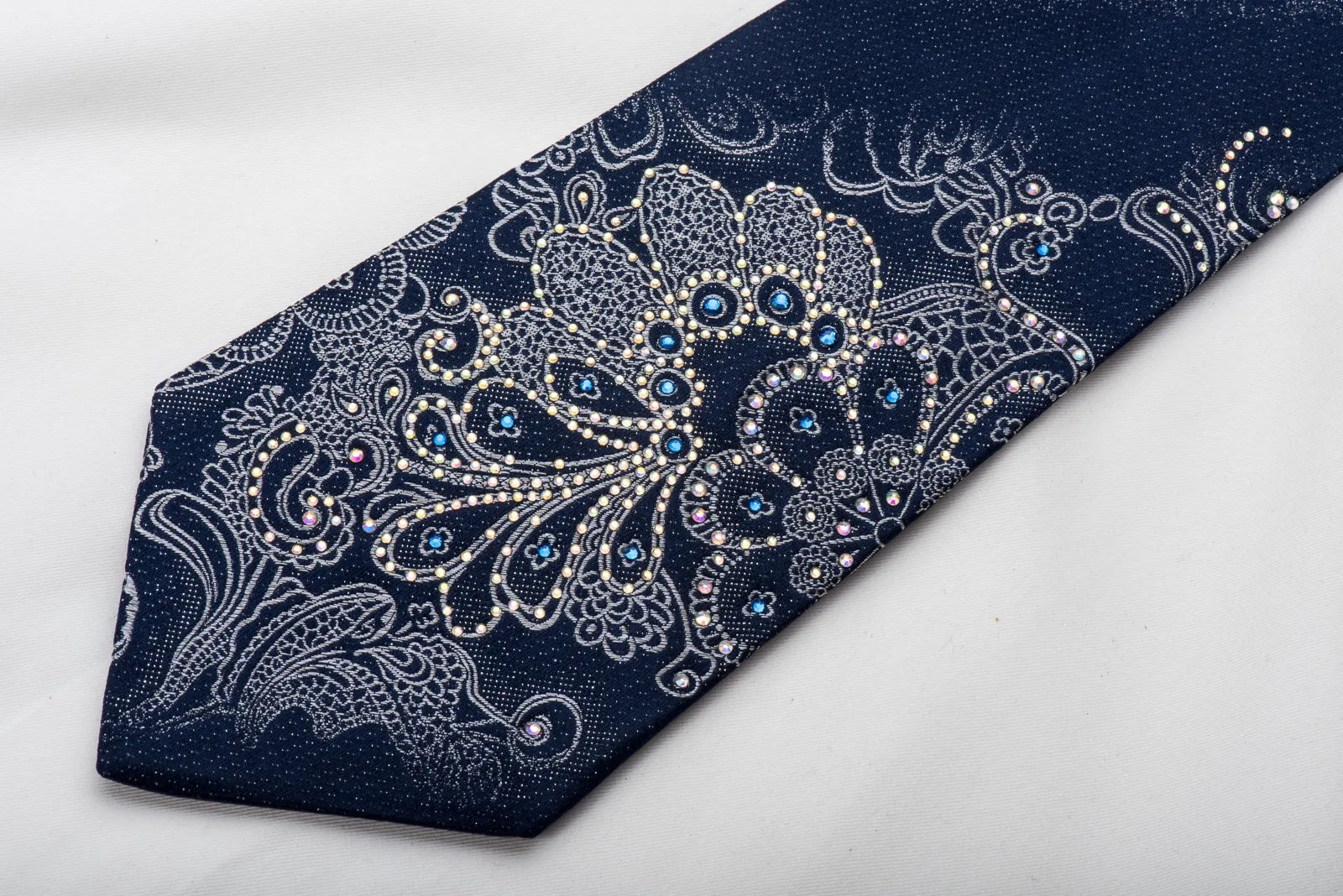 Renoma Rhinestone Silk Necktie Silver Anthemion On Blue With Sparkles