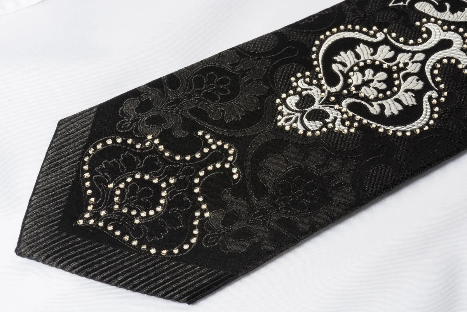 Renoma Silk Rhinestone Necktie Silver Damask On Black With Silver Sparkles