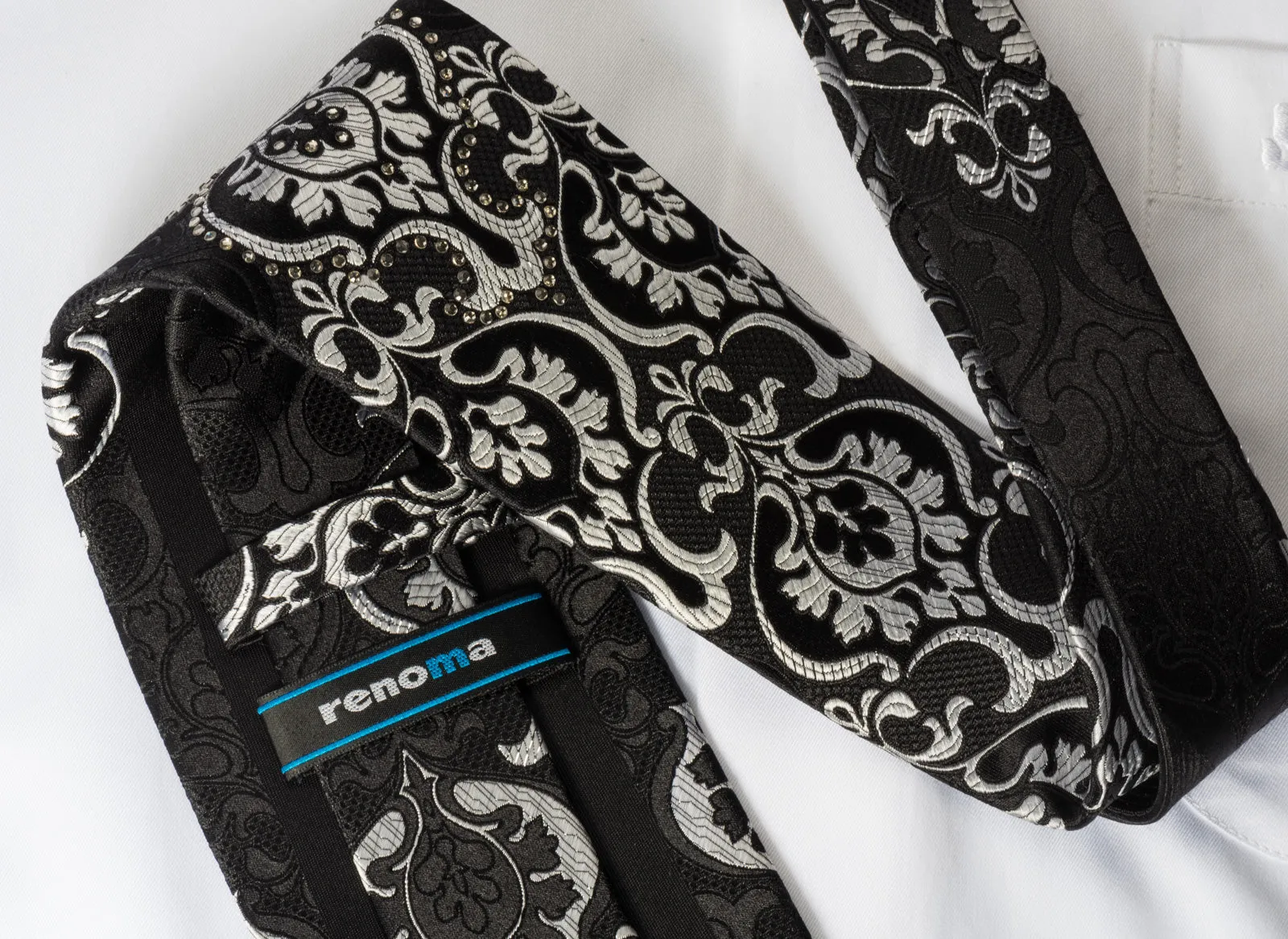 Renoma Silk Rhinestone Necktie Silver Damask On Black With Silver Sparkles