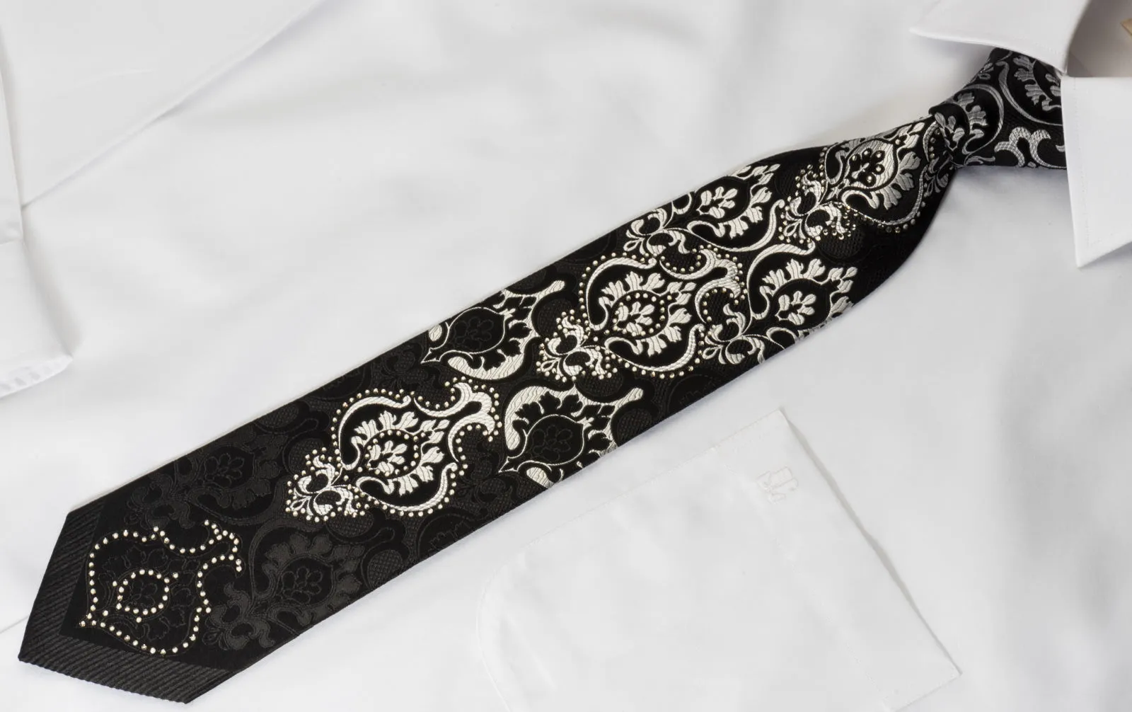Renoma Silk Rhinestone Necktie Silver Damask On Black With Silver Sparkles