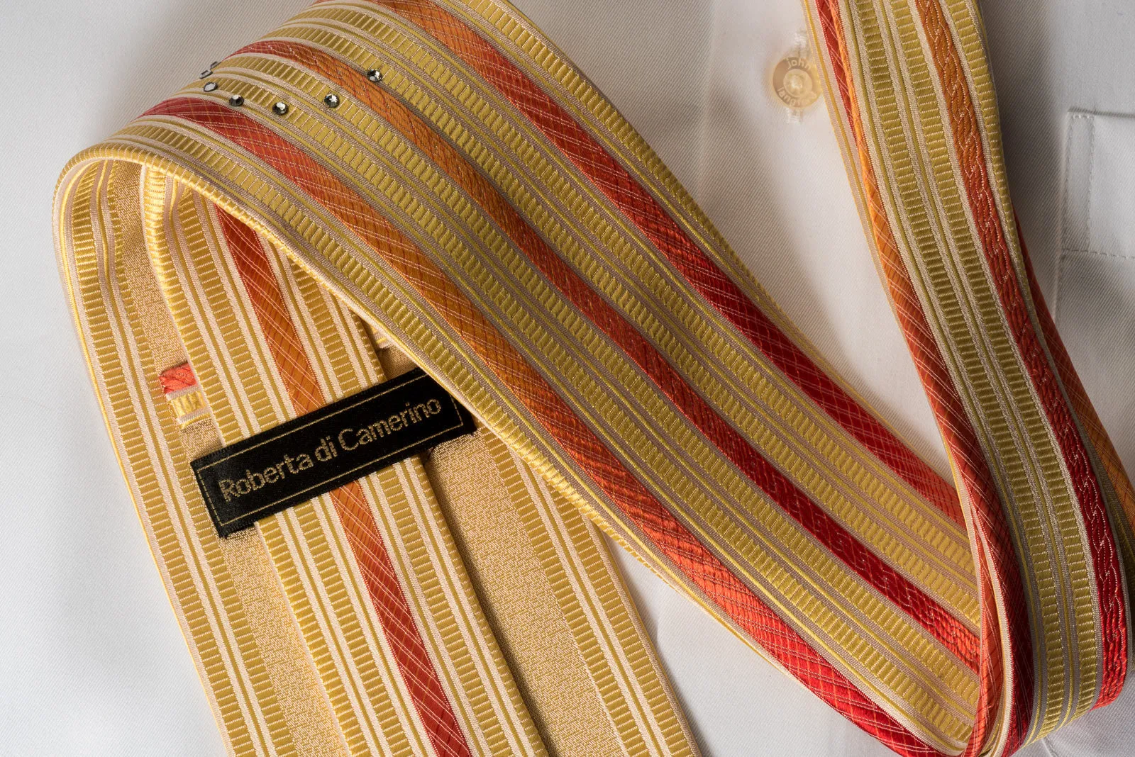 Roberta di Camerino Rhinestone Necktie Orange Yellow White Striped