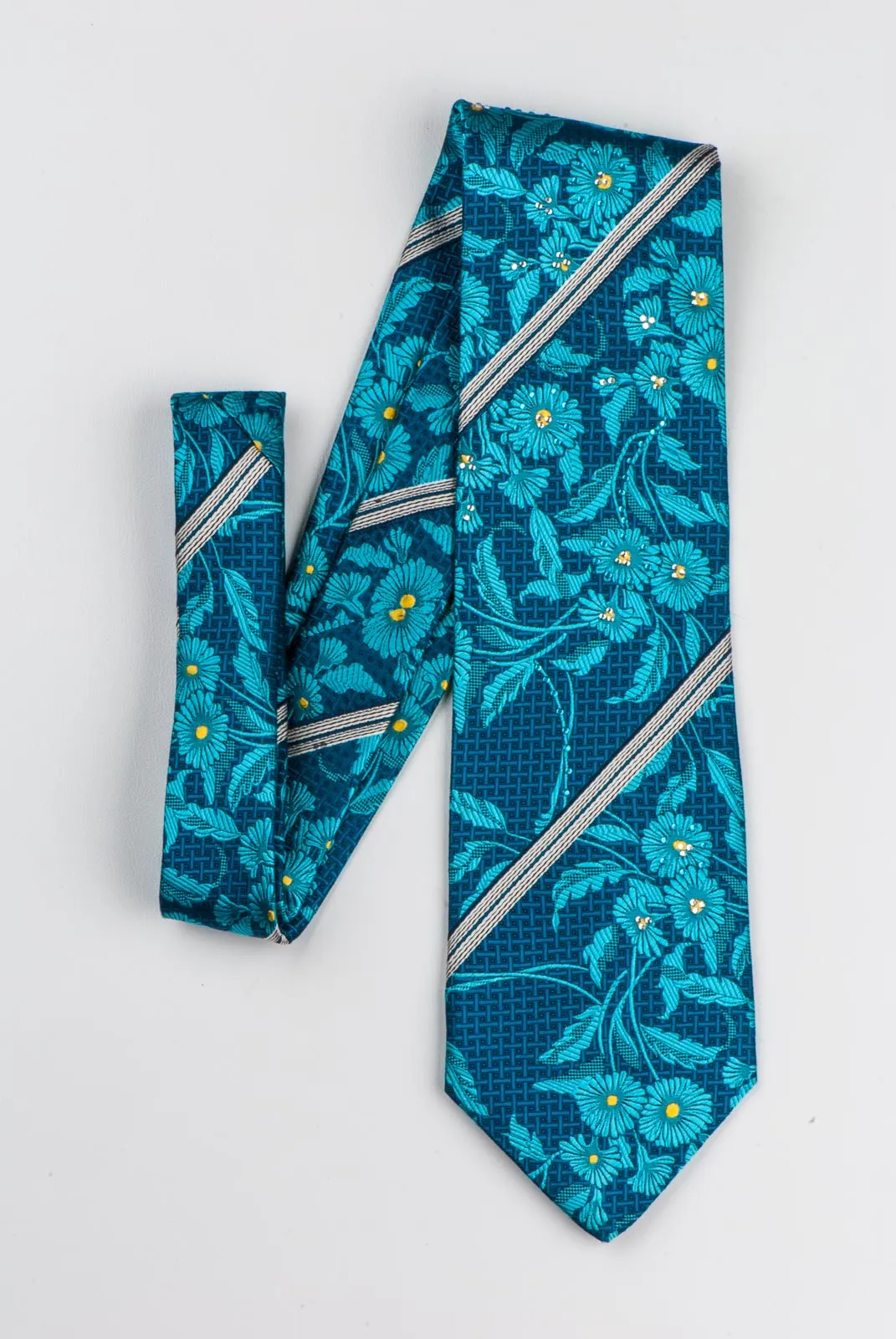 Rogers Dail Rhinestone Silk Necktie Blue Floral Design Silver Stripes 3 1/2 Inch
