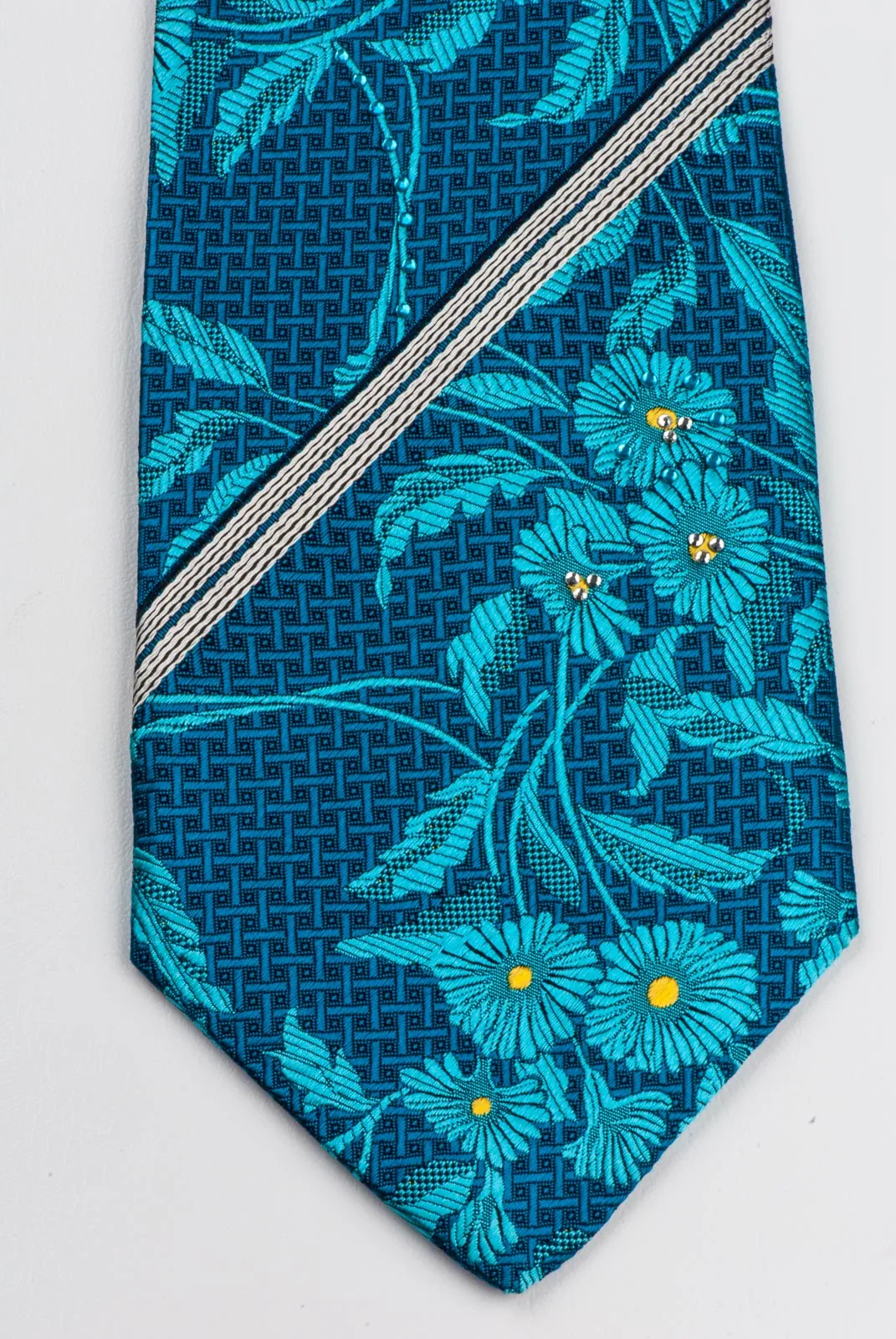 Rogers Dail Rhinestone Silk Necktie Blue Floral Design Silver Stripes 3 1/2 Inch