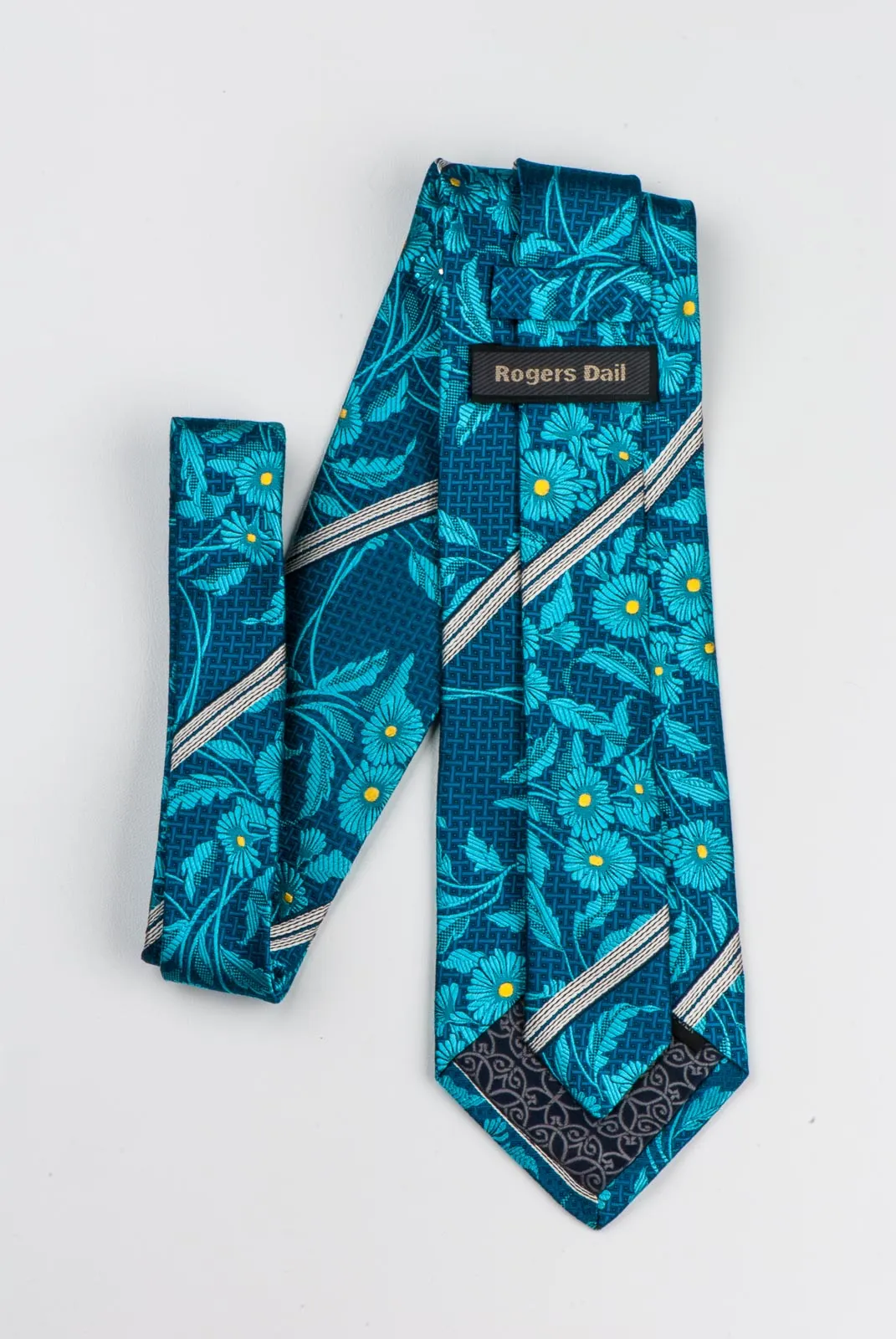 Rogers Dail Rhinestone Silk Necktie Blue Floral Design Silver Stripes 3 1/2 Inch