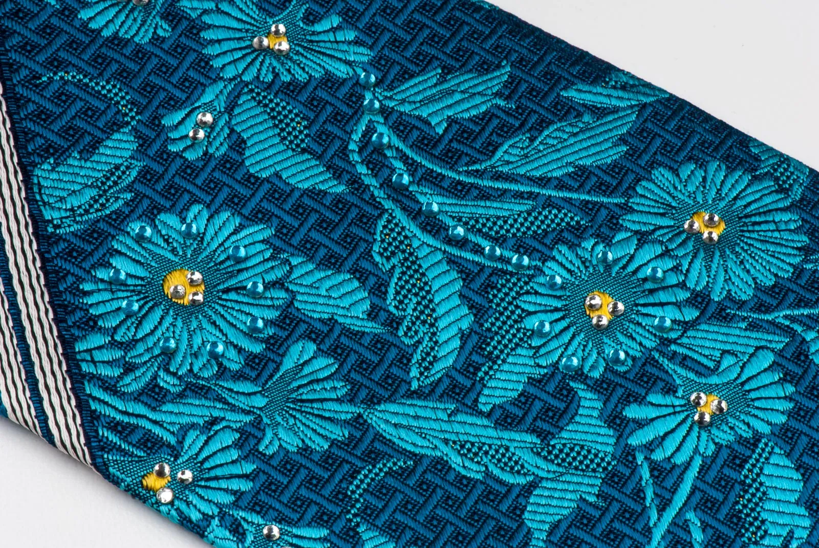 Rogers Dail Rhinestone Silk Necktie Blue Floral Design Silver Stripes 3 1/2 Inch