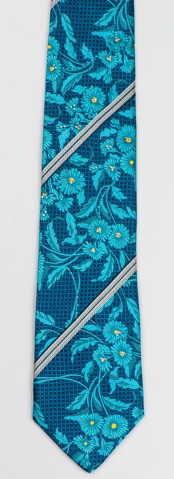Rogers Dail Rhinestone Silk Necktie Blue Floral Design Silver Stripes 3 1/2 Inch