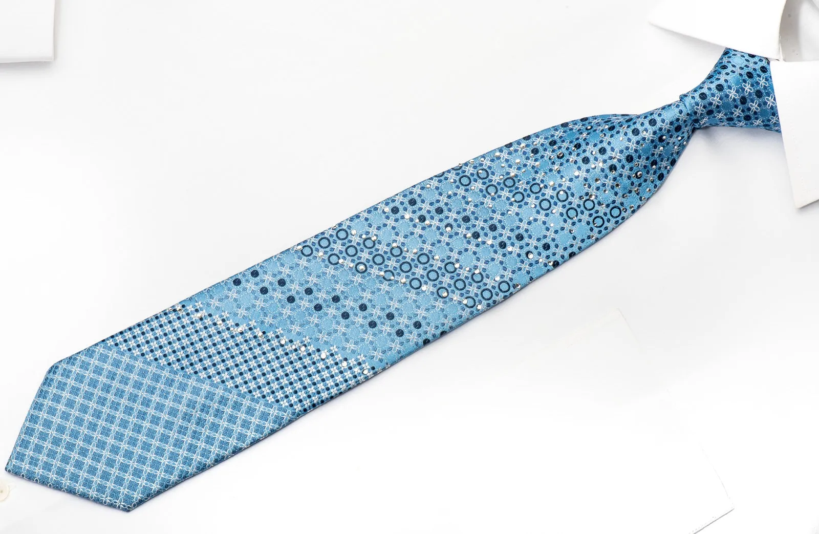 Romario Manzini Men's Silk Tie Floral On Blue Sparkling With Rhinestones