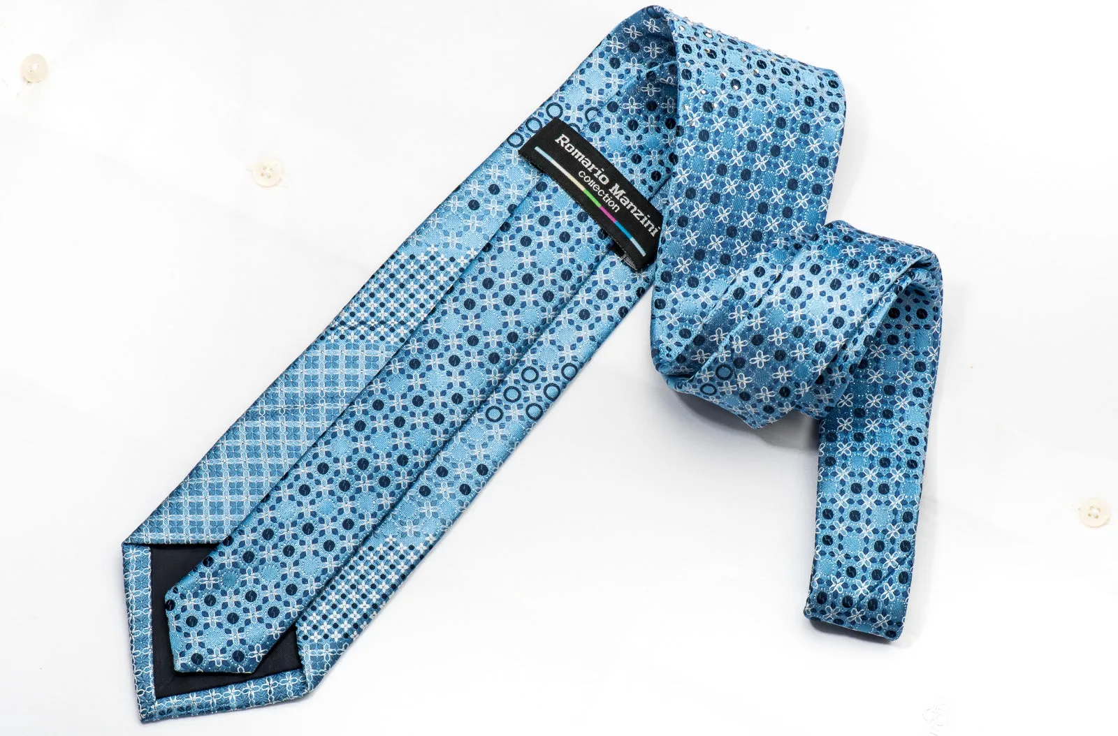 Romario Manzini Men's Silk Tie Floral On Blue Sparkling With Rhinestones