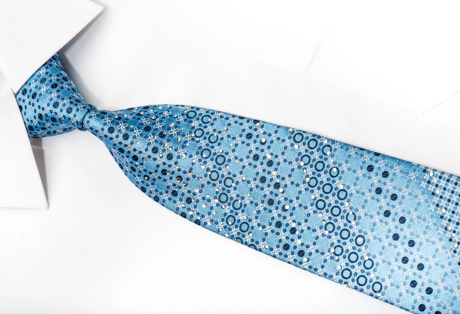 Romario Manzini Men's Silk Tie Floral On Blue Sparkling With Rhinestones