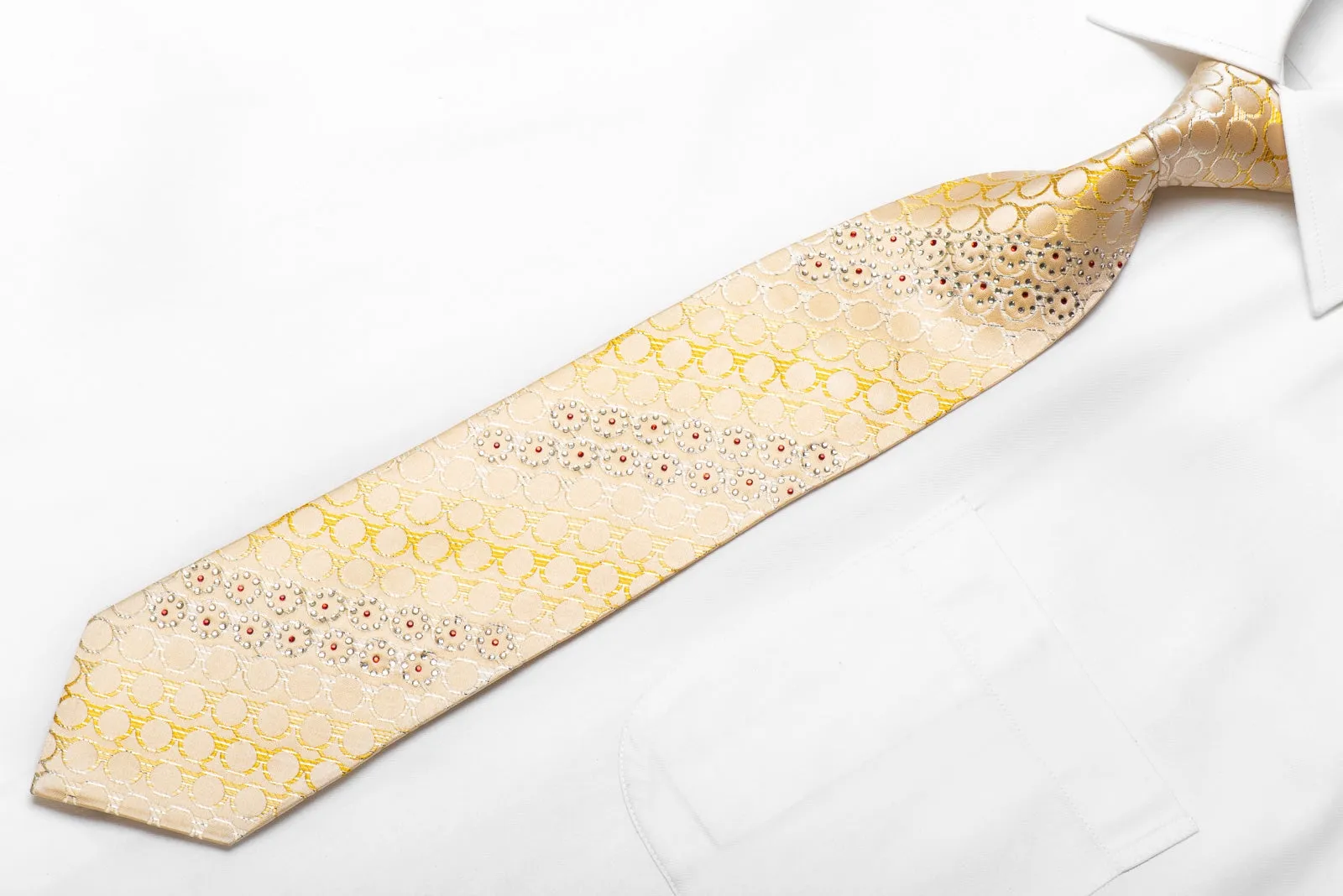Rubinstein Men's Crystal Silk Tie Geometric Circles On Peach With Silver Sparkles