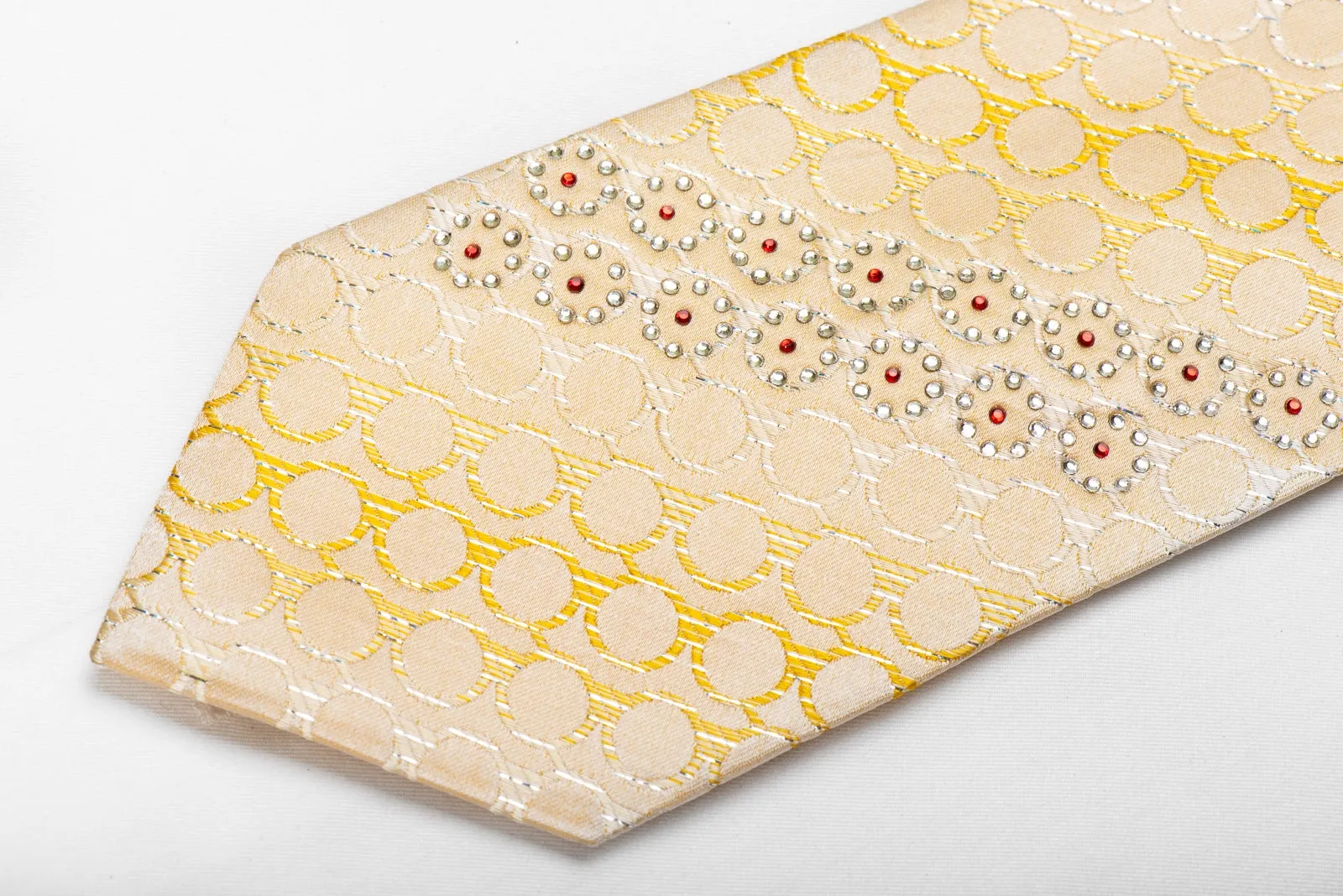 Rubinstein Men's Crystal Silk Tie Geometric Circles On Peach With Silver Sparkles