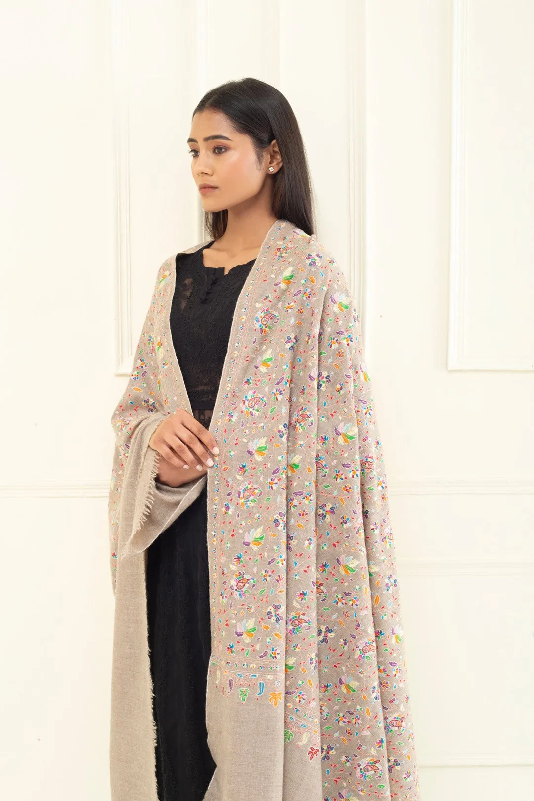 Sawood Classic Taupe Sozni Embroidered Jaali Pashmina Shawl