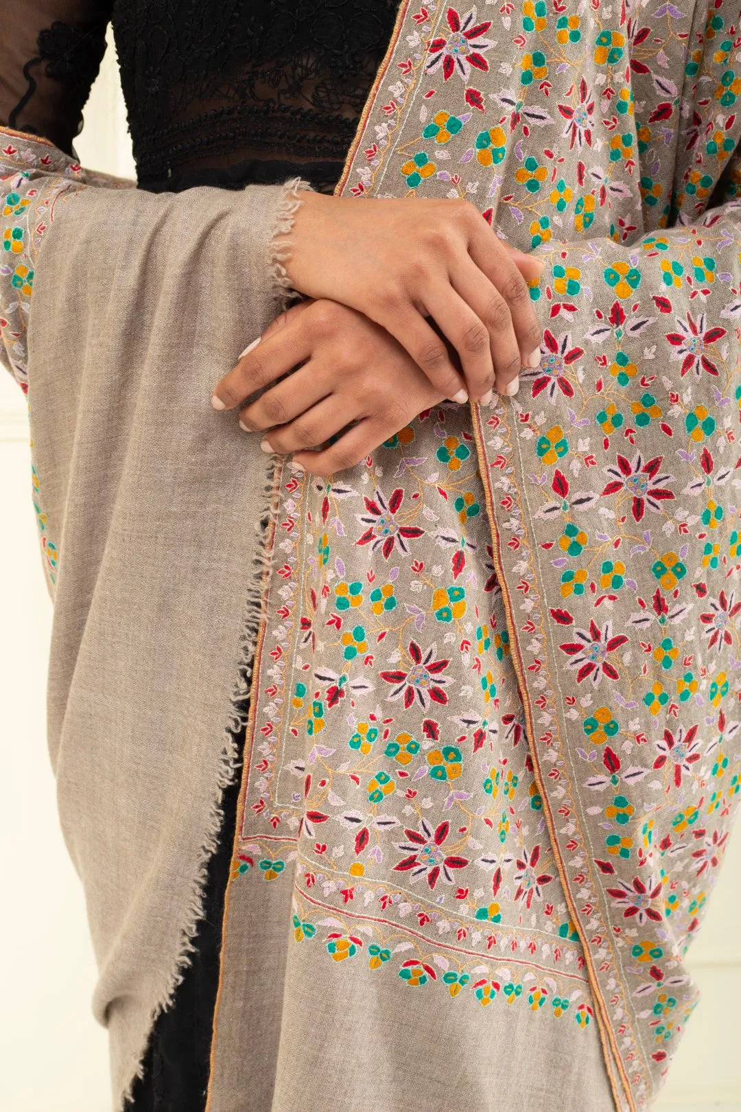 Sawood Classic Taupe Sozni Embroidered Jaali Pashmina Shawl