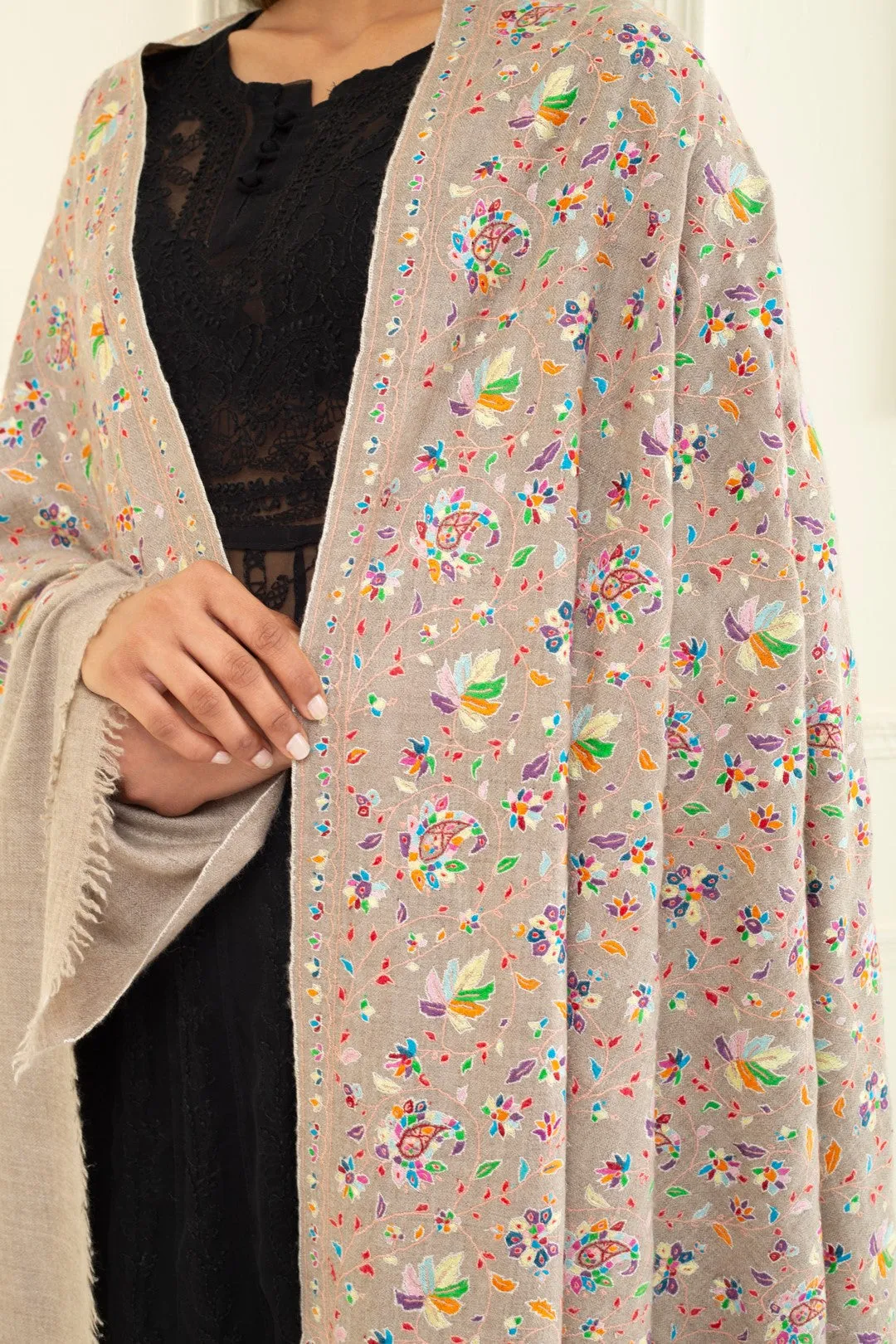 Sawood Classic Taupe Sozni Embroidered Jaali Pashmina Shawl