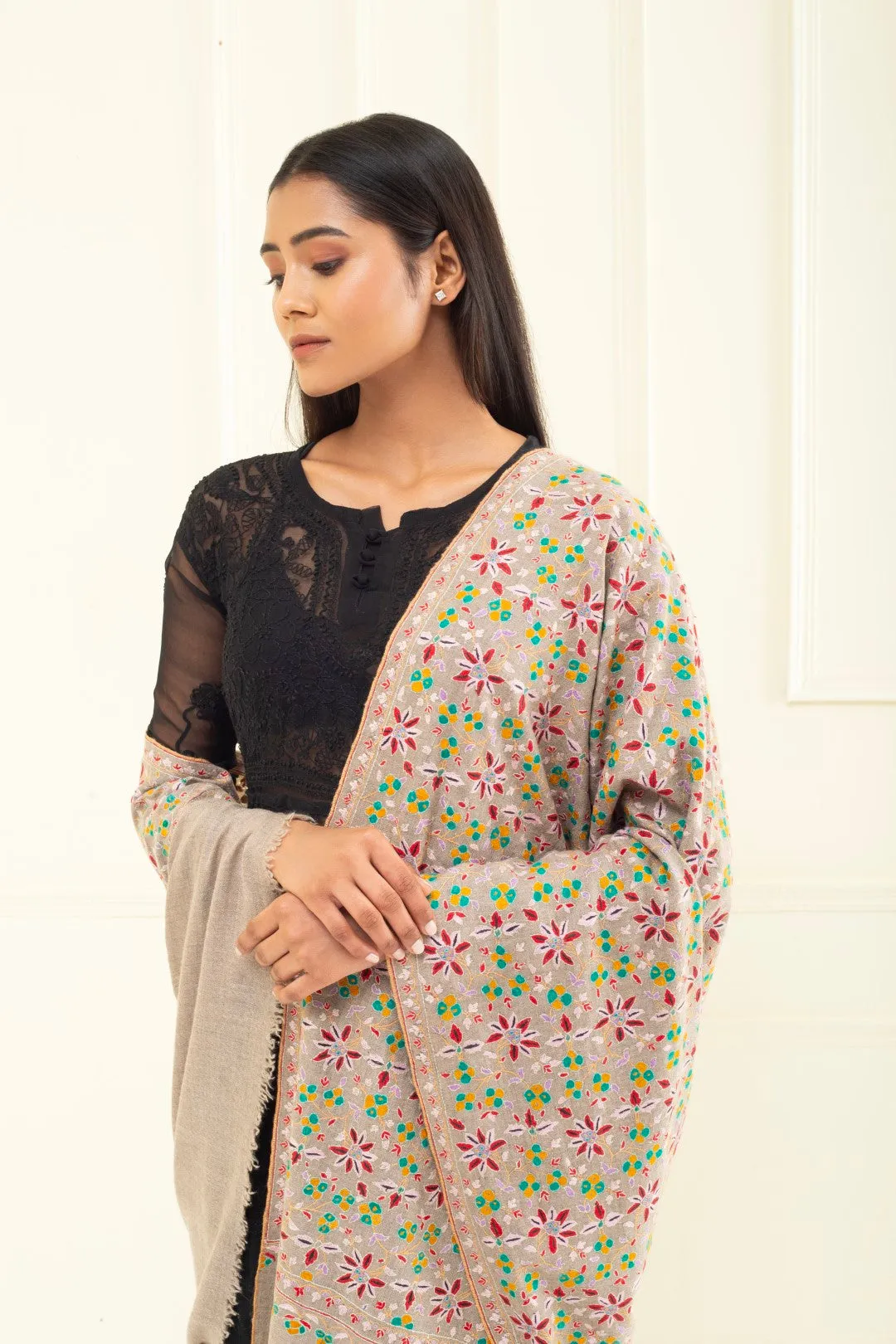 Sawood Classic Taupe Sozni Embroidered Jaali Pashmina Shawl