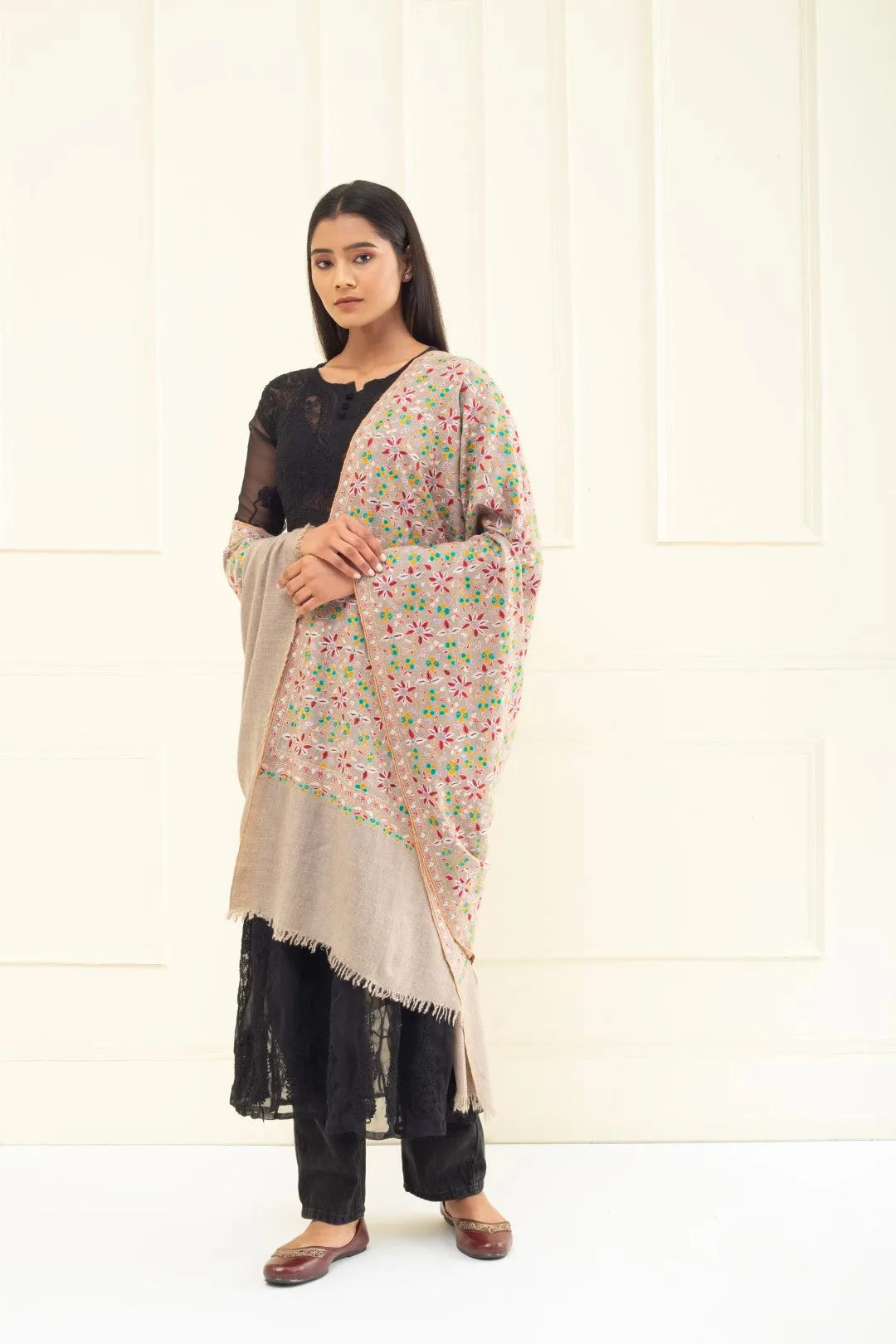 Sawood Classic Taupe Sozni Embroidered Jaali Pashmina Shawl