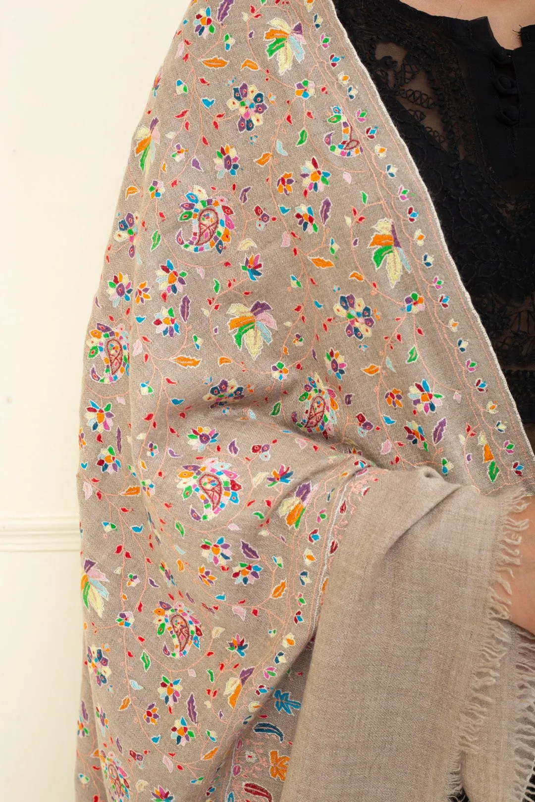 Sawood Classic Taupe Sozni Embroidered Jaali Pashmina Shawl