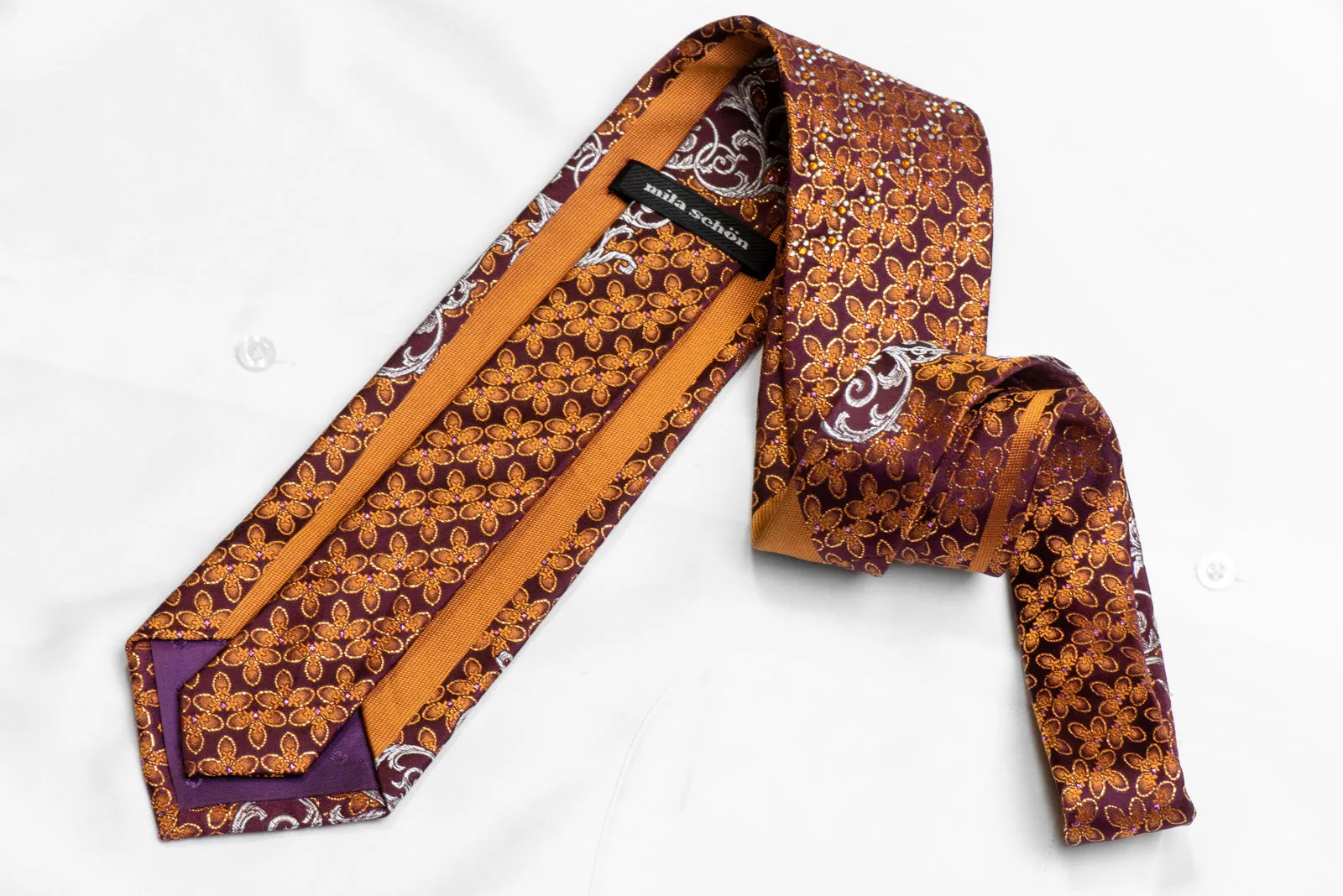 Silver Acanthus Scrolls Orange Floral On Burgundy Rhinestone Silk Necktie