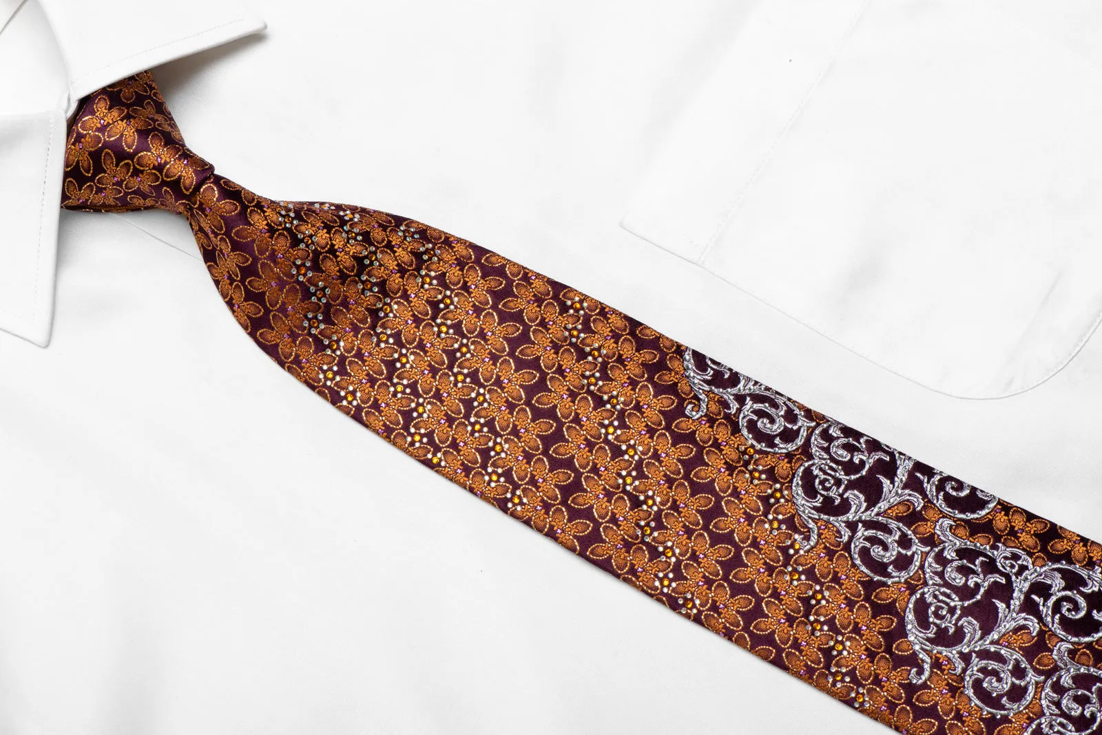 Silver Acanthus Scrolls Orange Floral On Burgundy Rhinestone Silk Necktie