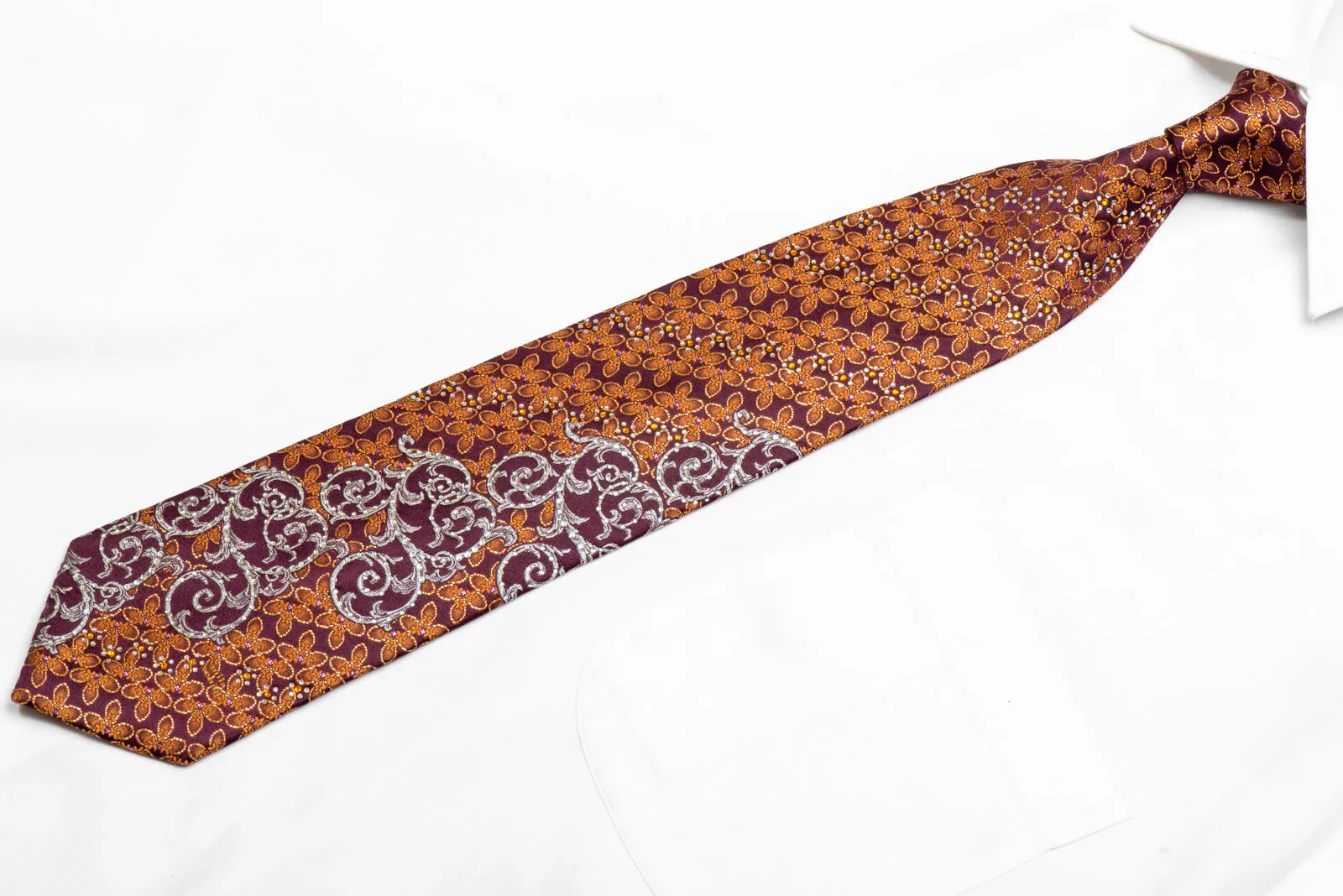 Silver Acanthus Scrolls Orange Floral On Burgundy Rhinestone Silk Necktie