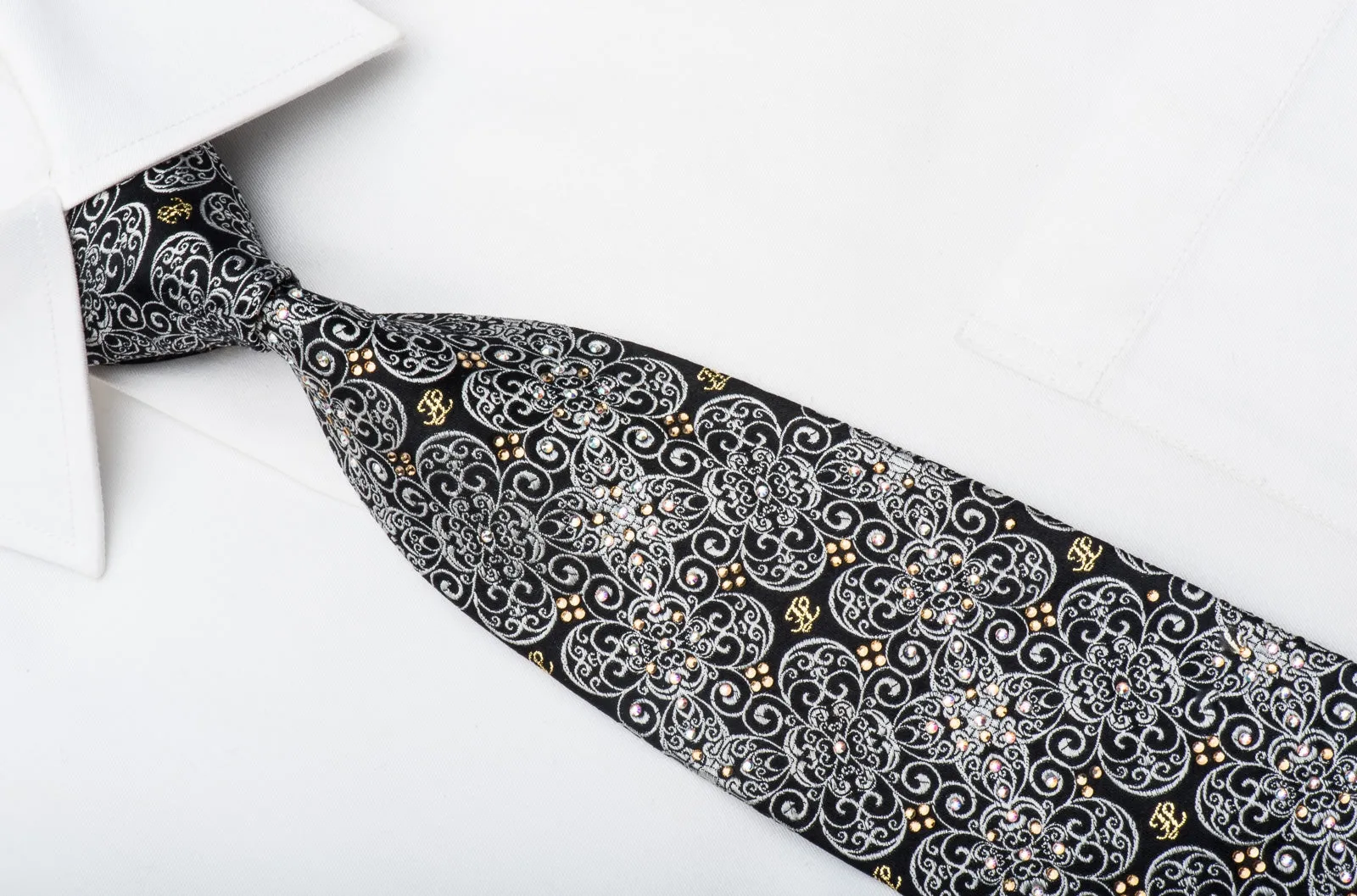 Silver Filigree On Black With Sparkling Rhinestones Silk Necktie