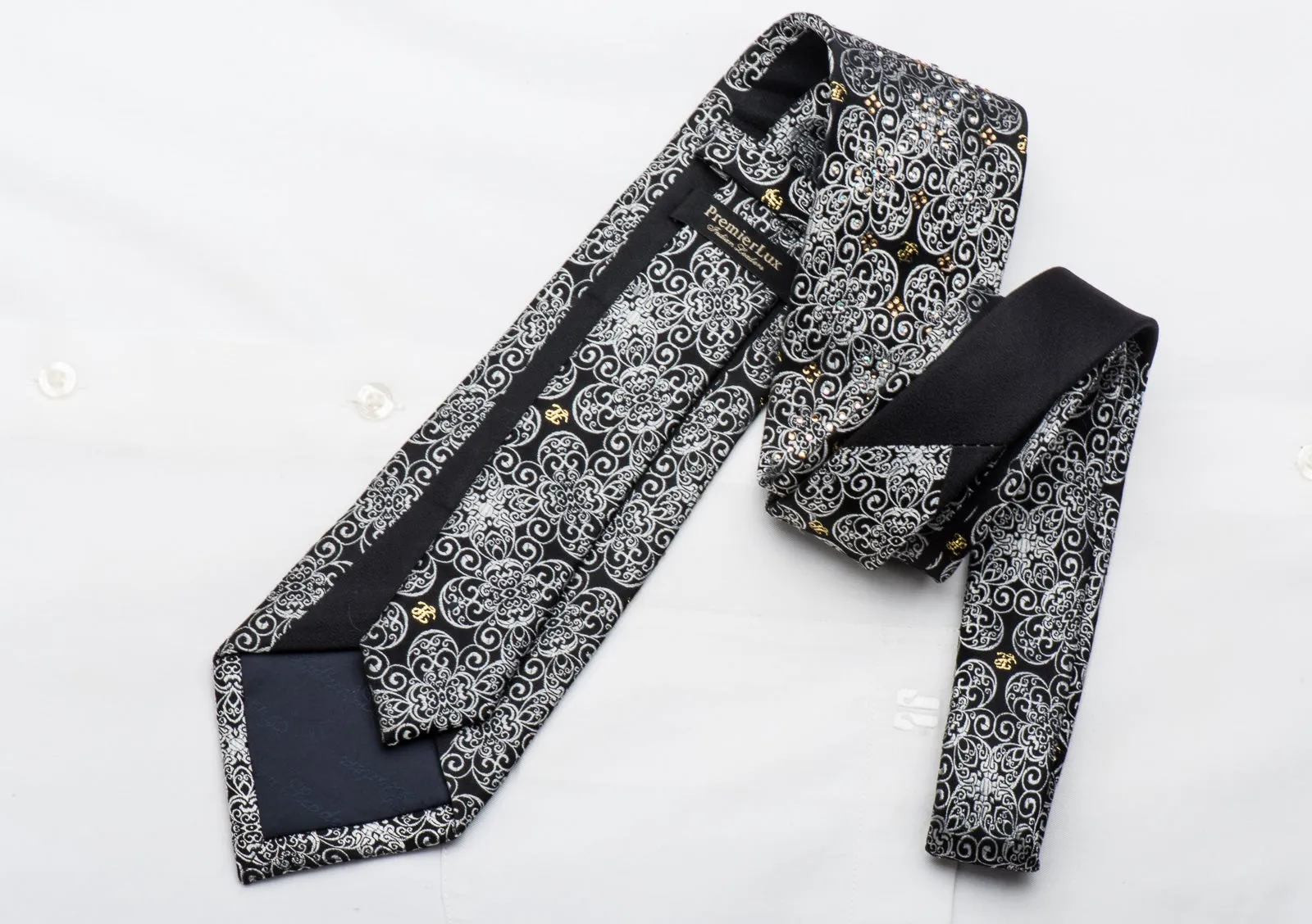 Silver Filigree On Black With Sparkling Rhinestones Silk Necktie